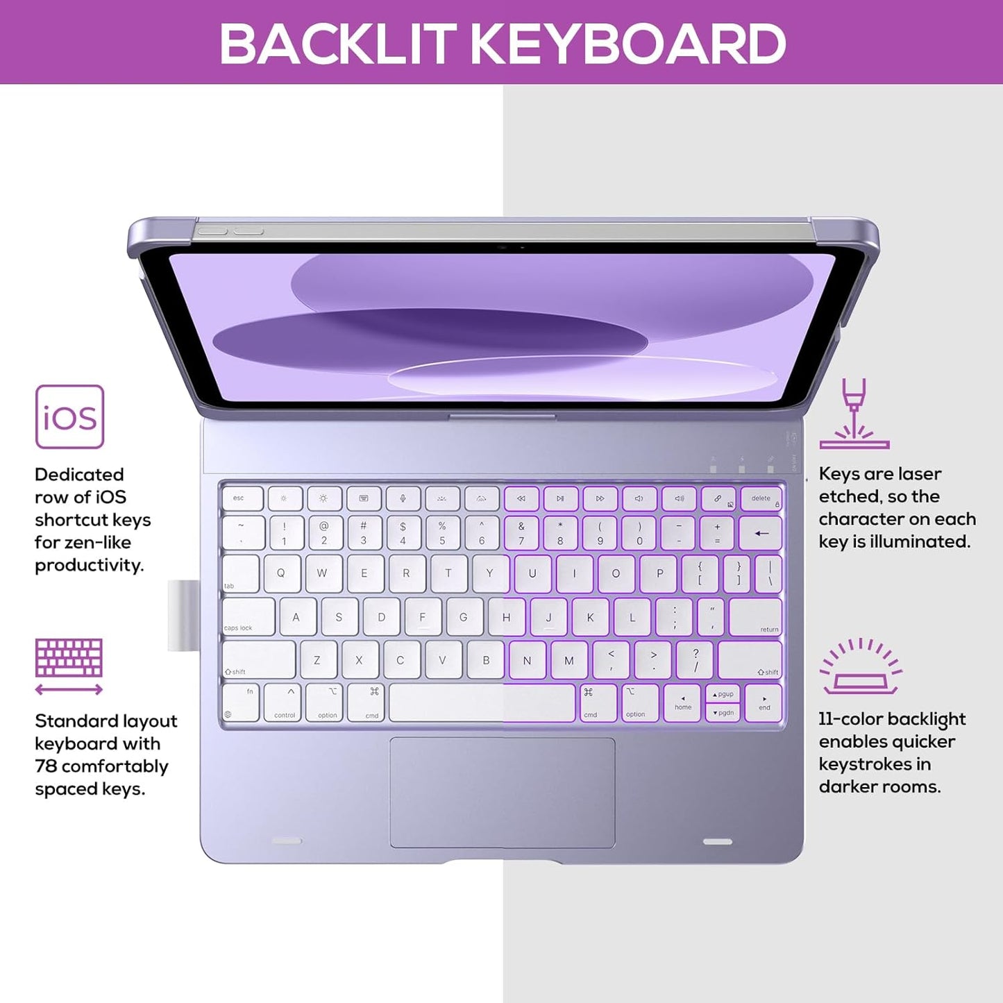 typecase Touch iPad 10th Generation Case with Keyboard (10.9", 2022) and iPad A16 (11th Gen, 2025) – 360° Rotatable, 11-Color Backlit, Multi-Touch Trackpad, Thin & Light (Light Purple)