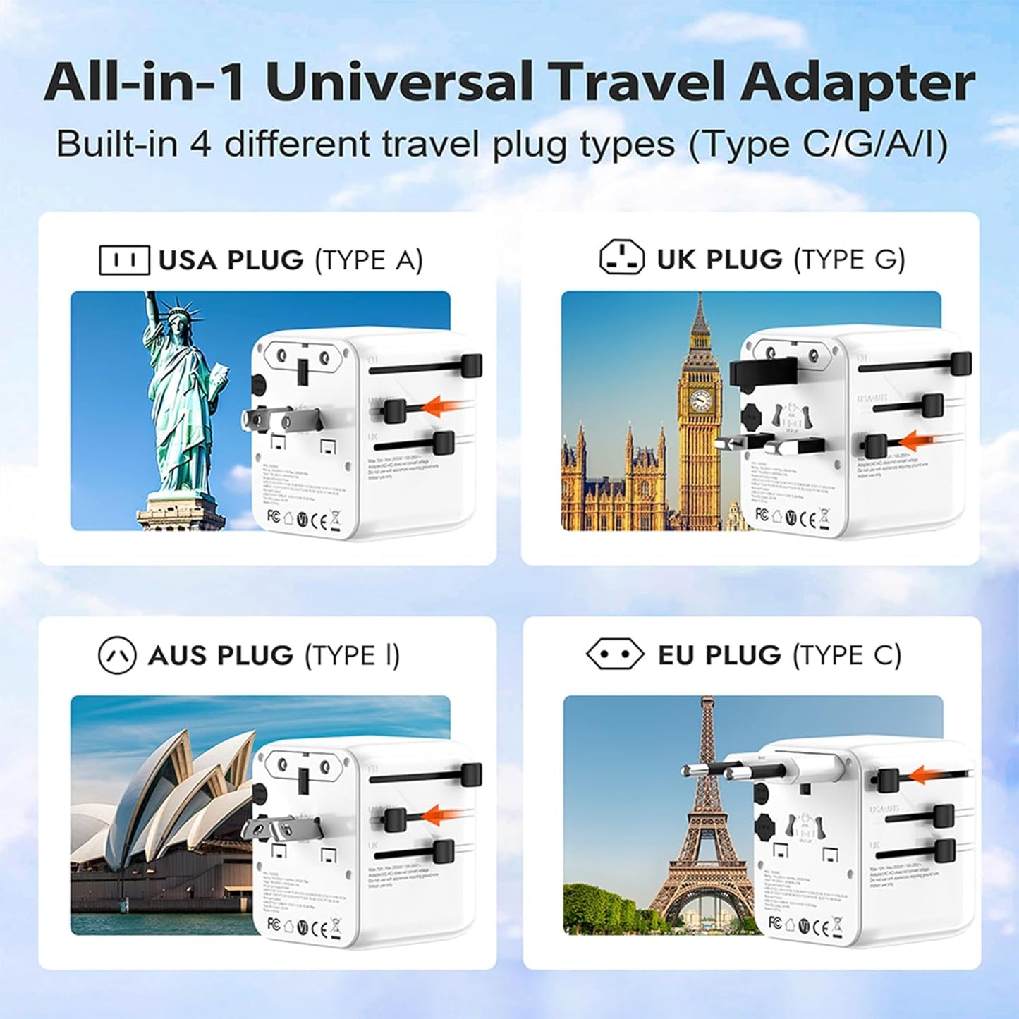Universal Travel Adapter, RIOZIOZIOZ GaN III Worldwide Portable Adaptor with 70W PD Fast Charging, 7 Ports(2AC Socket&3USB-C&2USB-A), European Travel Essentials for EU/US/UK/AU/JP Power Plug