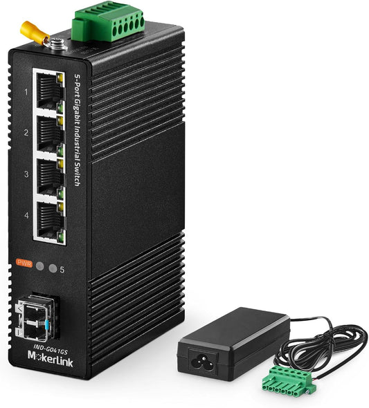 MokerLink 5 Port Industrial DIN-Rail Network Switch, 4 Gigabit Ethernet, 1 SFP, 14Gbps Switching Capacity, IP40 Rated (-40 to 185F), With UL Power Supply
