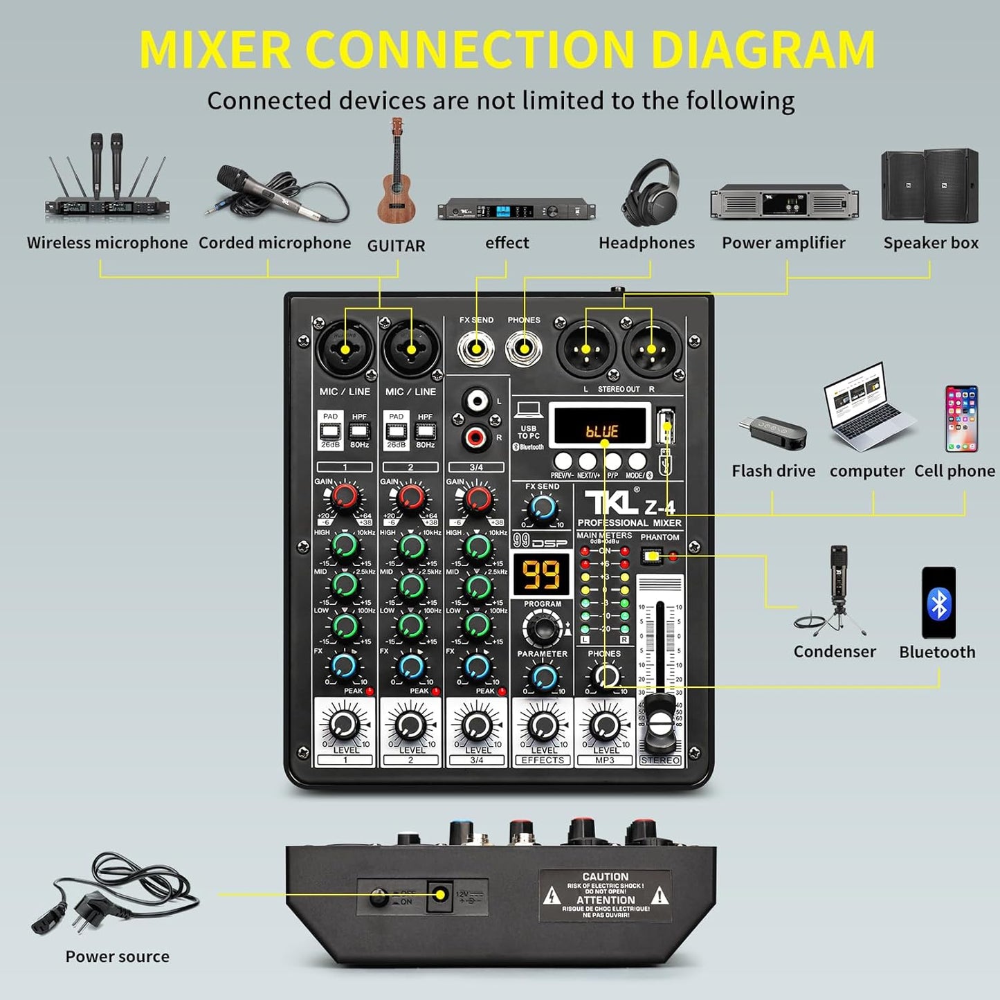 4 Channel Audio Mixer, Professional DJ Mixer Sound Board Mixing Console with 99-Bit DSP Effect, Bluetooth USB Interface Stereo Mixer Board with 48V Phantom Power For Recording Live Stream