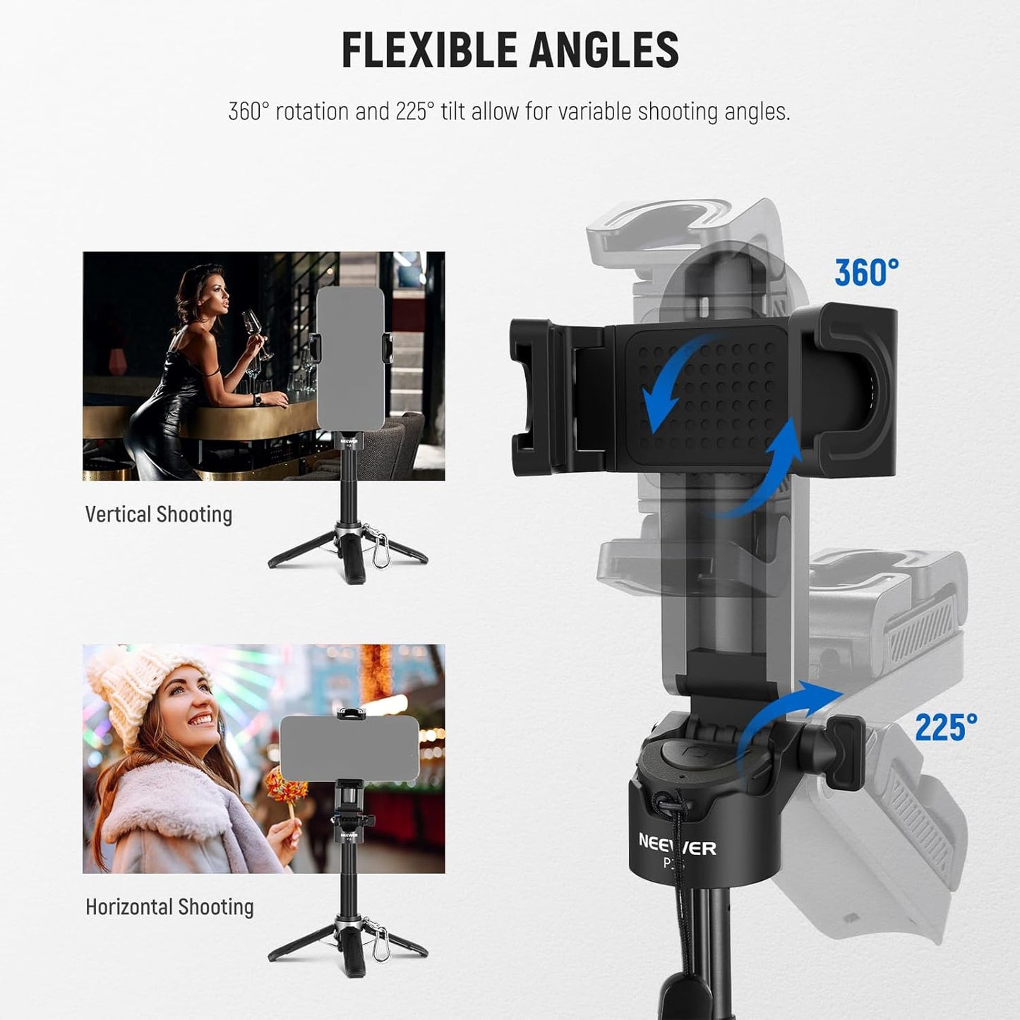NEEWER Selfie Stick Tripod for iPhone, Lightweight Foldable Mini Travel 360° Desk Stand with Cell Phone Holder Cold Shoe for Video Recording Vlog Streaming, Remote Shutter & Cleaning Cloth, P15 Black