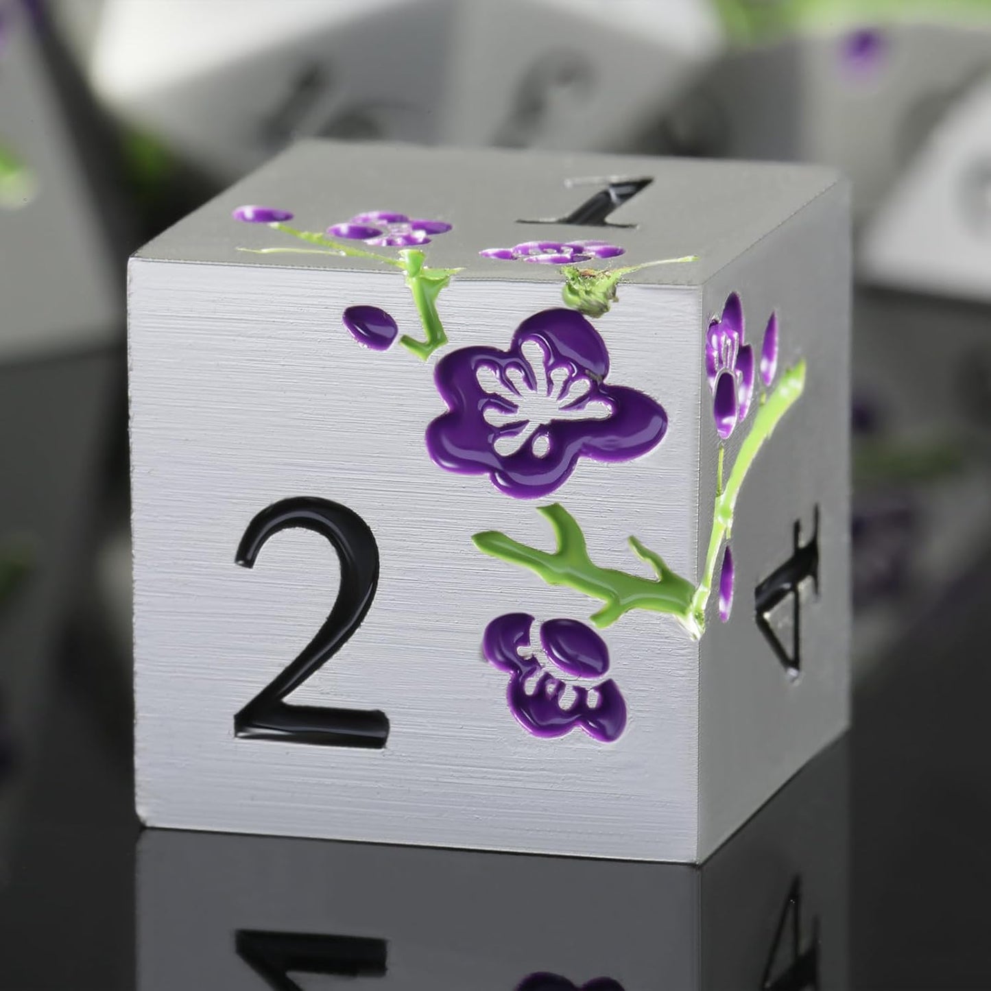 Flower Silver Metal Dice, DNDND 7 PCS Heavy Metallic D&D Dice Set with Gorgeous Gift Case for Dungeons and Dragon Tabletop Game (Matte Silver with Purple Flower)