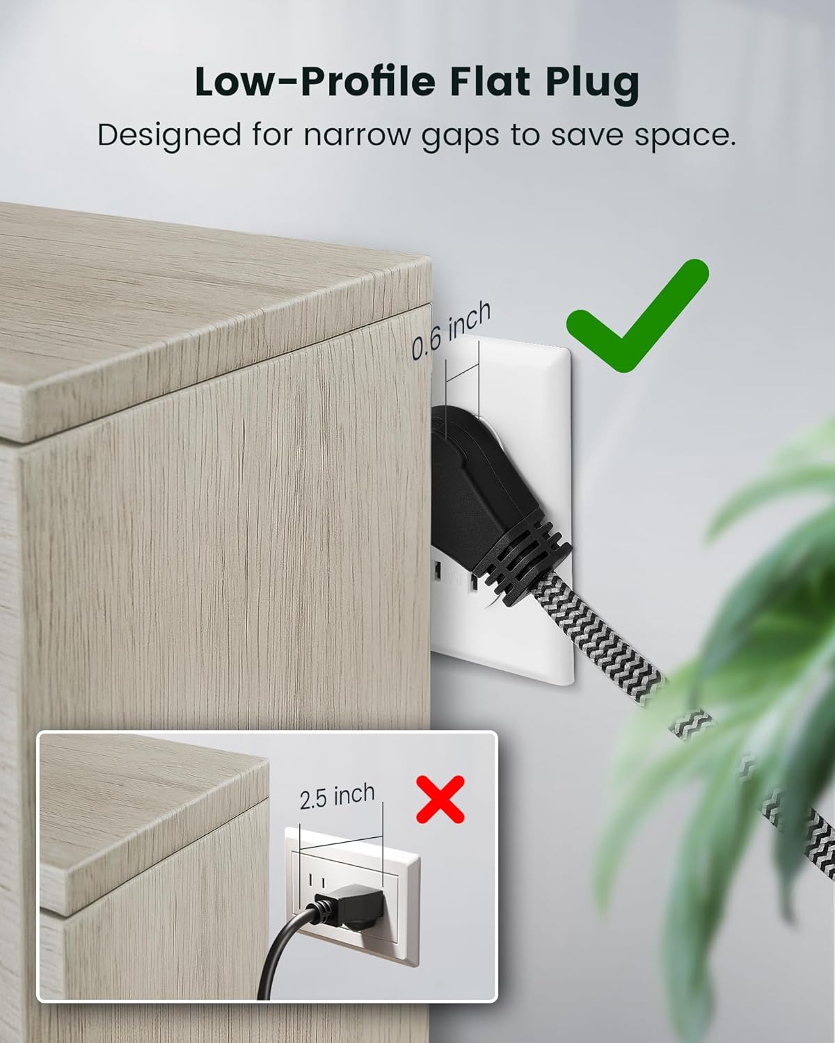 SURAIELEC 1FT 360° Rotating Flat Plug Extension Cord Flat Wall Plug with 3 Outlets, Braided Flat Black Extension Cord for Indoor Use, Small Space, 16/3C SPT, ETL Listed, 2 Pack