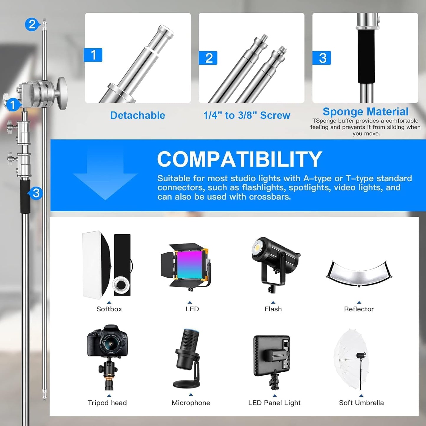 Soonpho Adjustable 10ft/3.3m Heavy Duty Light Stand with Boom Arm and Wheels,100% Stainless Steel Reflector C-Stand with Grip Head & Sandbag &Clamps,for Studio Video Reflector,Monolight,Softboxes