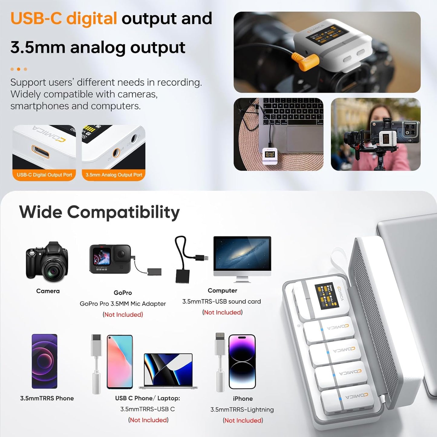 COMICA Vimo Q 4 Channel Wireless Lavalier Microphone System with Noise Cancellation, 4 Audio Tracks Output, 656ft Range, Wireless Mic for DSLR Camera, iPhone, Android,Recording Livestream(White)