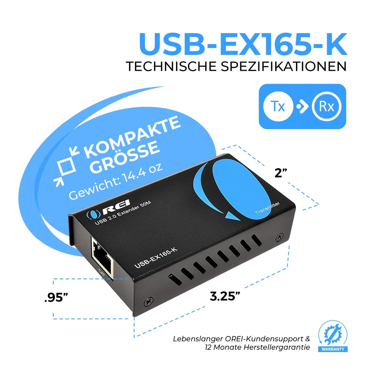 OREI USB Over Cat5e/6 Extender Upto 165 Feet - Extends USB 2.0 Signal Over LAN Ethernet with 2 Ports - Power Over Cable for Long Distance Extension Supports All Operating System (USB-EX165-K)