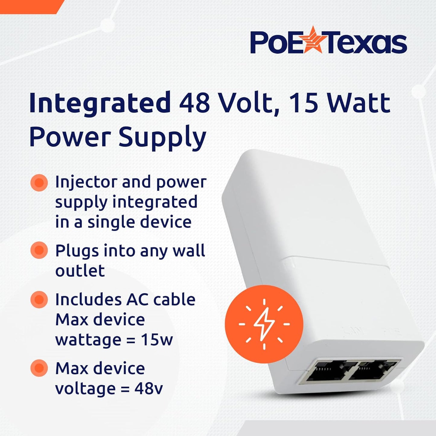 Poe Texas PoE Injector - Single Port Power Over Ethernet Passive PoE Adapter - 10/100/1000 Gigabit Data with Integrated 48V 15W Power Supply - Plug & Play Home Office, Tablets, VoIP Phone, WiFi AP