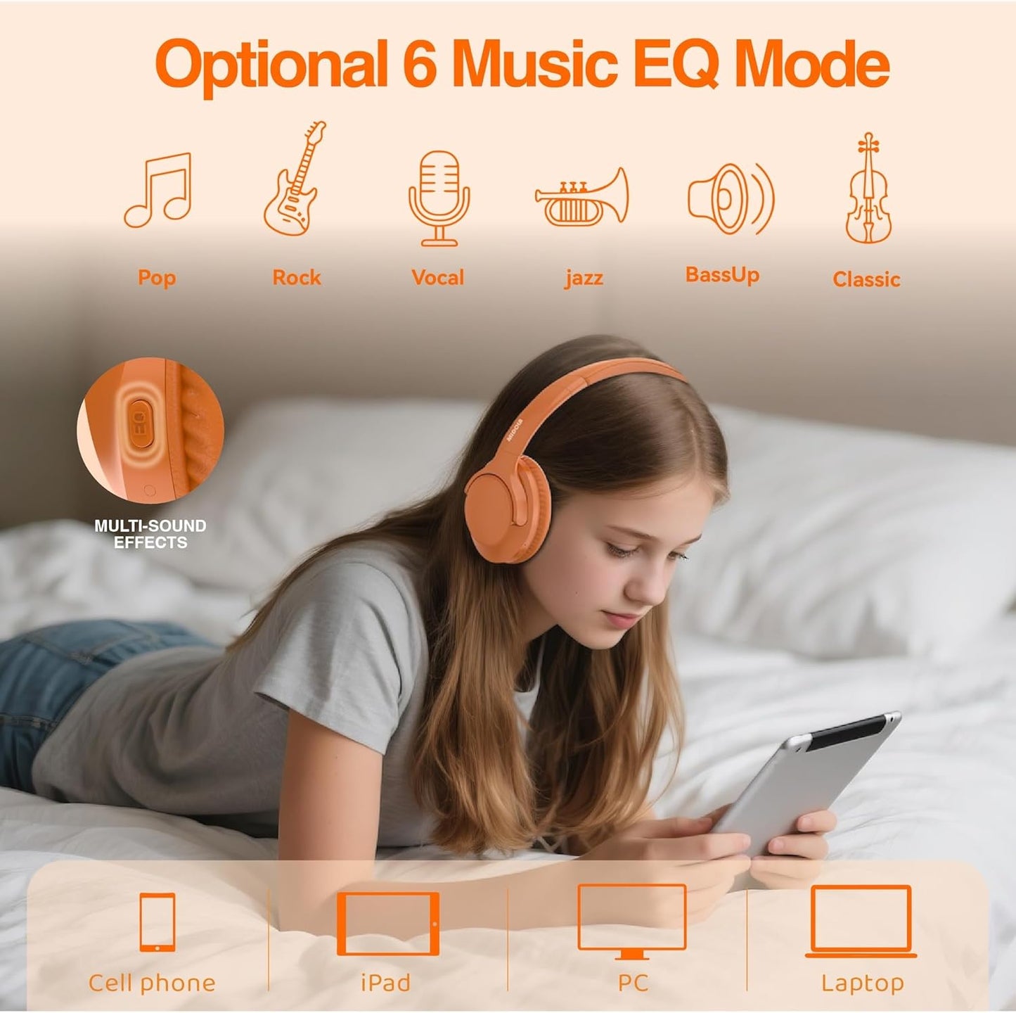 MIDOLA Bluetooth Headphones Over Ear 68H Playtime 6 EQ Wireless Headset with Microphone HiFi Stereo Foldable Lightweight Deep Bass for Travel Home Office Cellphone Orange