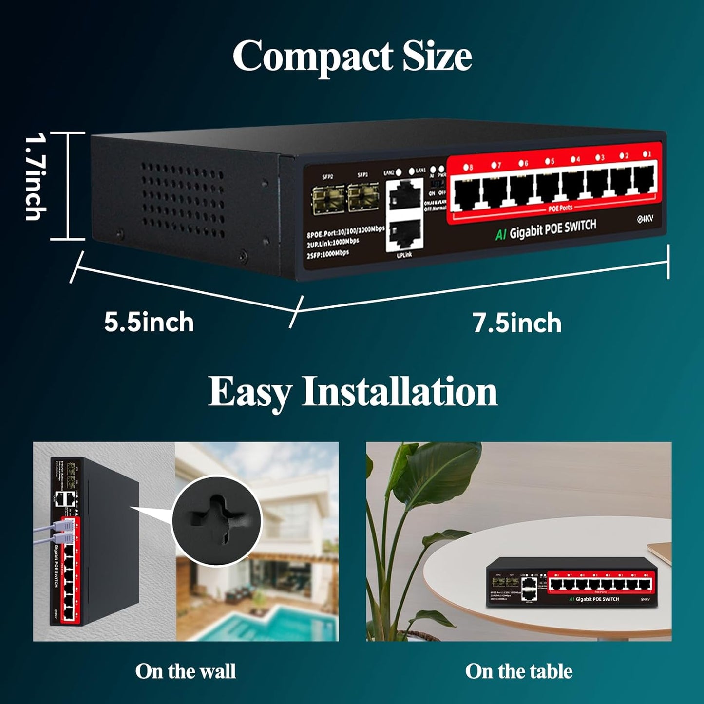 STEAMEMO 8-Port Gigabit PoE Switch | 2×Gigabit Uplinks + 2×1.25G SFP, AI VLAN Mode, 802.3af/at@120W, Unmanaged Metal Plug & Play (Desktop/Wall Mount)
