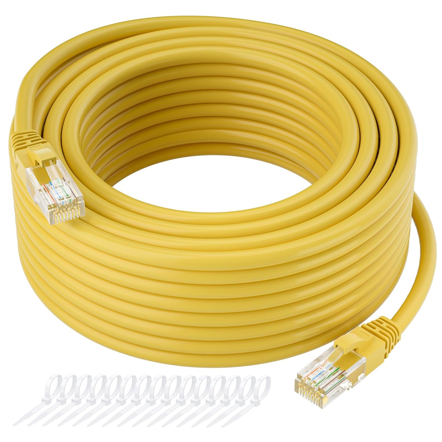 Cat5e Ethernet Cable 125 FT, Long Cat 5e Internet Cable, Yellow Snagless Patch Cord, Flexible, Network, LAN, PoE, Standard RJ45 Connector for PC, Server, Router, Modem, TV, PS5 - with 15 Cable Ties