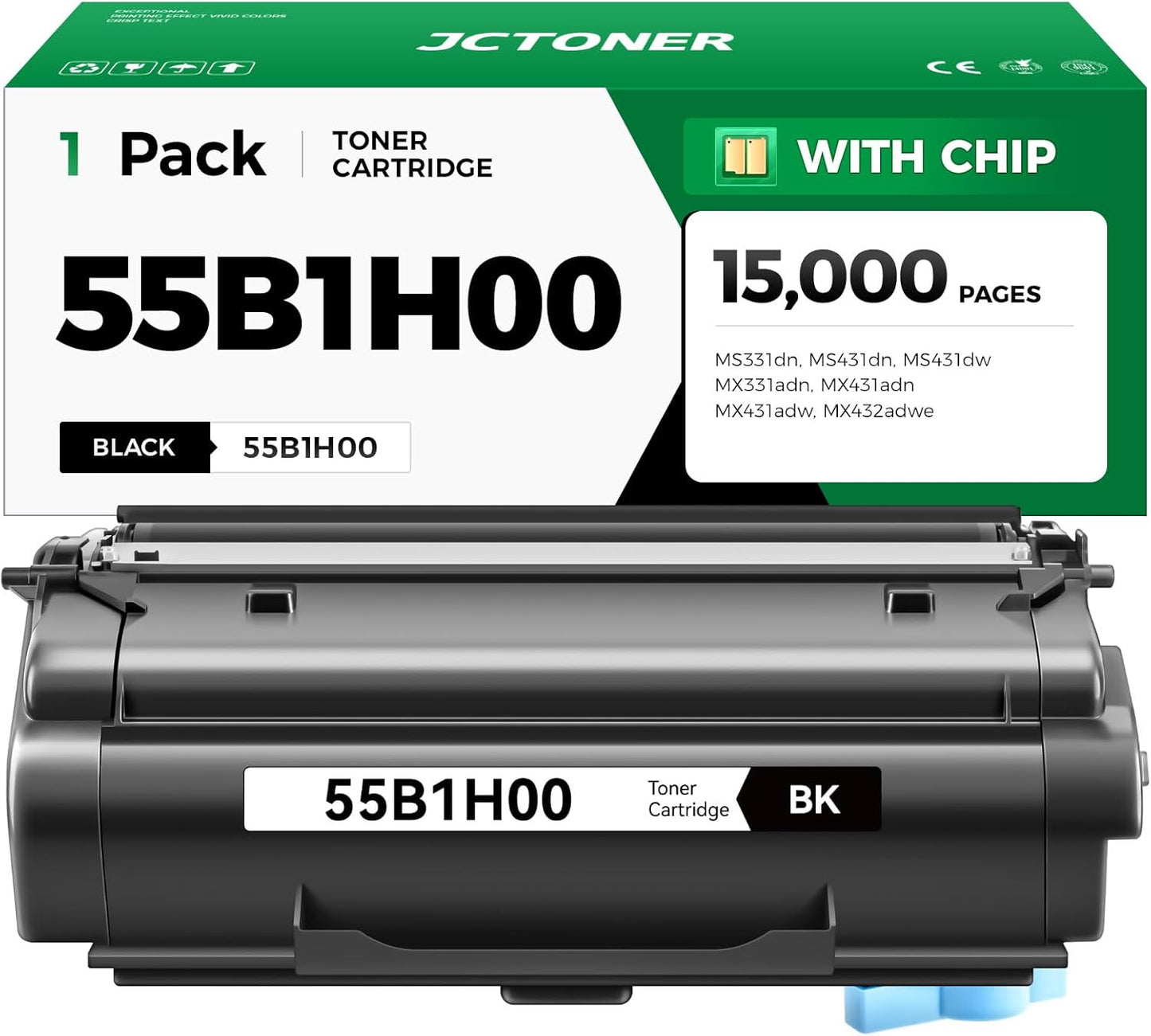 55B1H00 Toner Cartridge Black High Yield with Chip 15,000 Page-Yield Replacement for Lexmark MS331dn MS431dn MS431dw MX331adn MX431adw MX431adn MX432adwe MS331 MS431 MX331 MX431 Laser Printer 55b1000