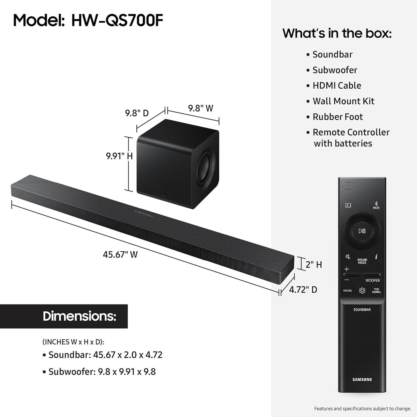Samsung Q-Series Soundbar HW-QS700F 3.1.2 ch Subwoofer (2025 Model) Convertible Fit, Wireless Dolby Atmos, Q-Symphony