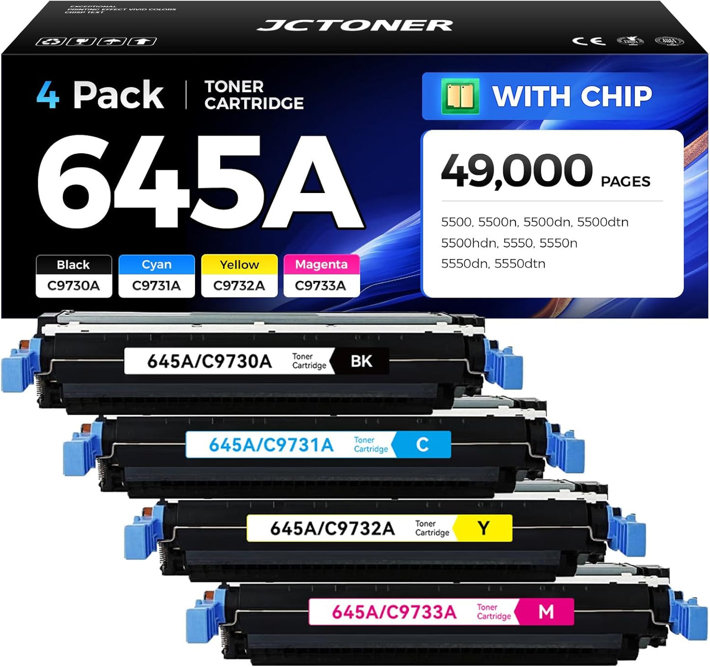 645A Toner Cartridge Set 4-Pack High Yield Replacement for HP 645A C9730A C9731A C9732A C9733A Compatible with HP Color LaserJet 5500 5500n 5500dn 5500dtn 5500hdn 5550 5550n 5550dn 5550dtn Printer Ink
