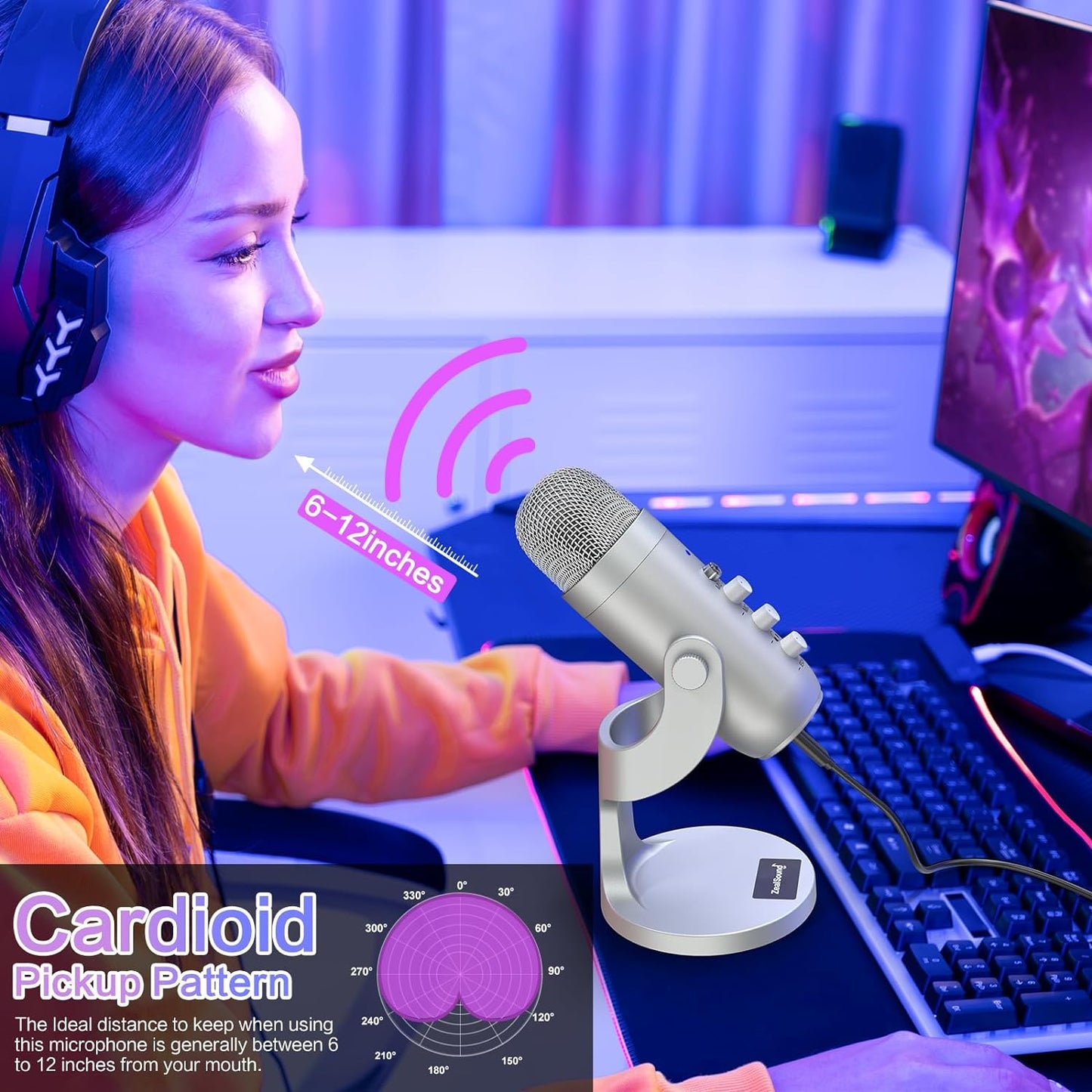 ZealSound USB Microphone,Condenser Computer PC Mic,Plug&Play Gaming Microphones for PS 4&5.Headphone Output&Volume Control,Mic Gain Control,Mute Button Vocal,YouTube Podcast on Mac&Windows(Silver)