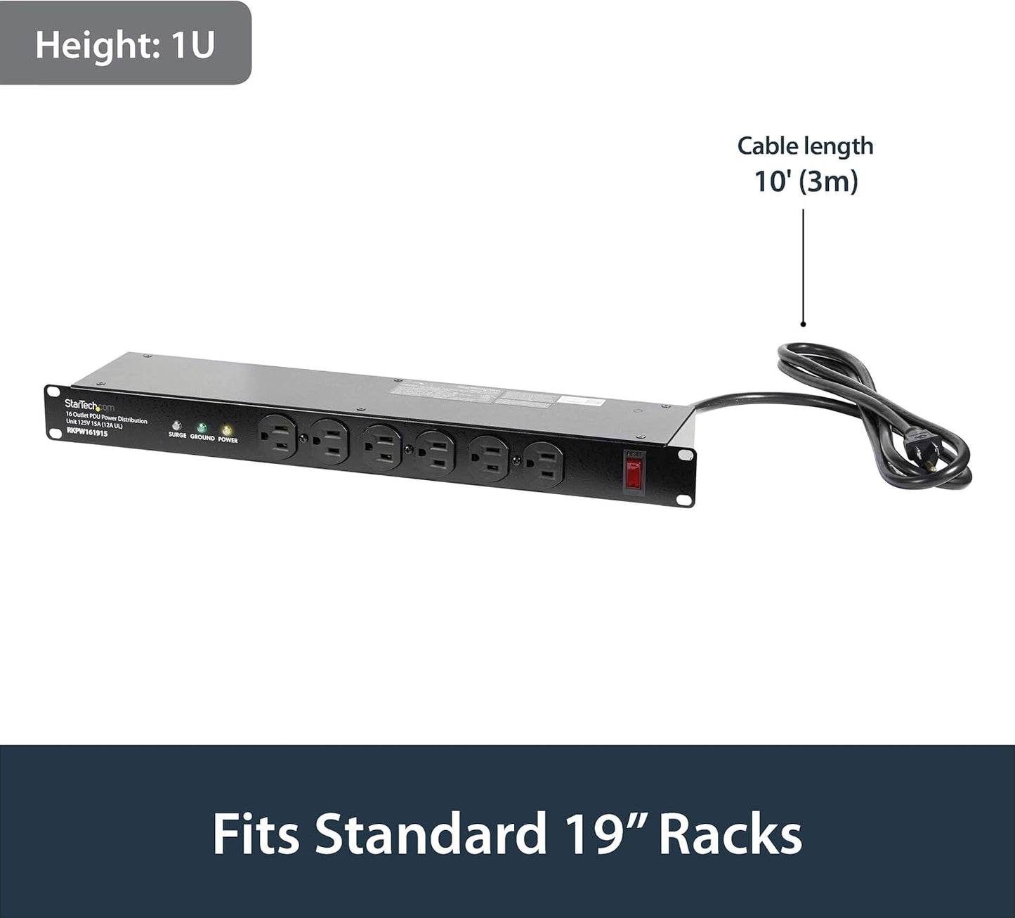 StarTech.com 16 Outlet Horizontal 1U Rack Mount PDU Power Strip for Network Server Racks - Surge Protection - 120V/15A - 6ft Power Cord (RKPW161915)