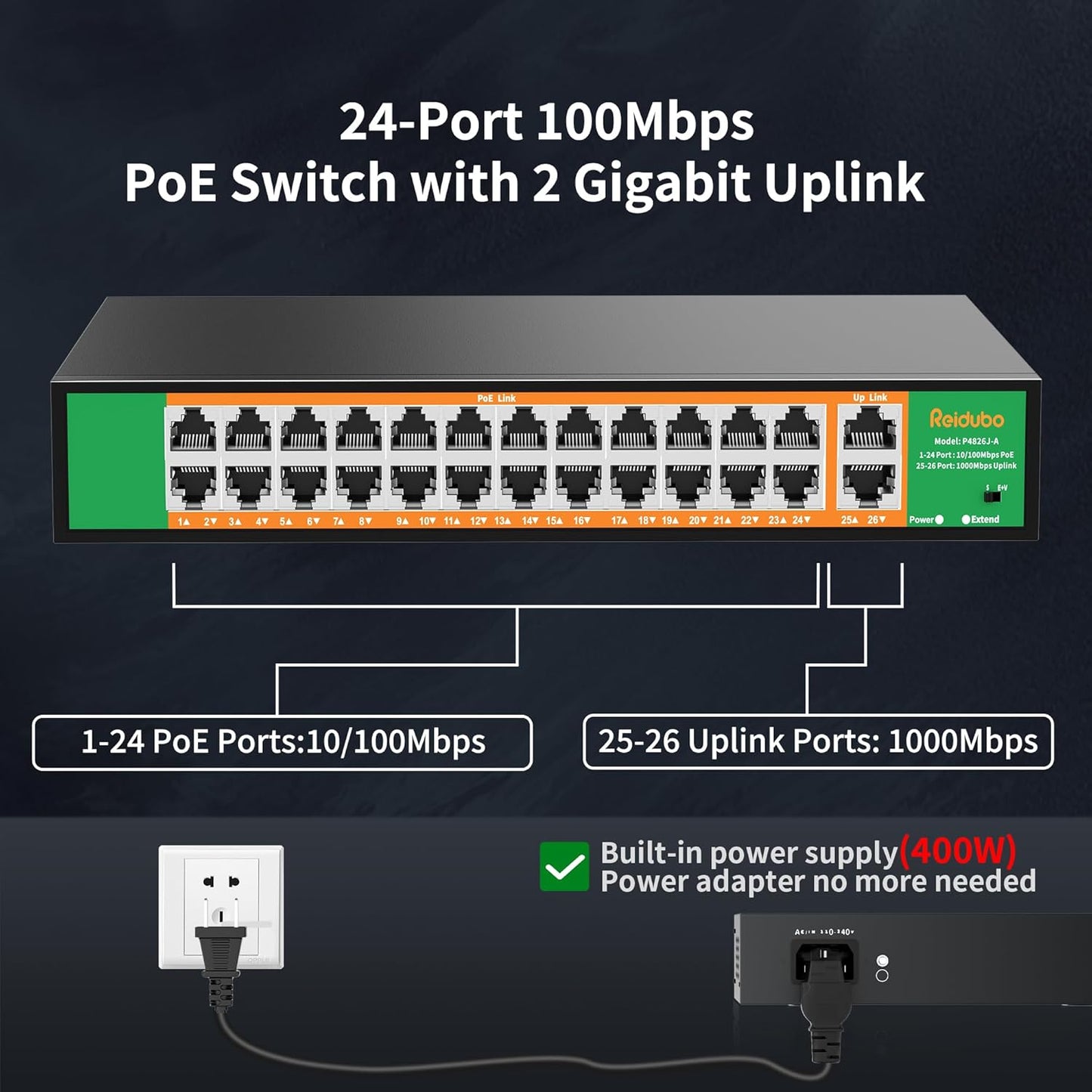 24 Port PoE Switch with 2 Gigabit Ethernet Uplink Port, Support IEEE802.3af/at, 400W High Power, Fanless, Plug and Play Unmanaged, Rackmount Ethernet Switch
