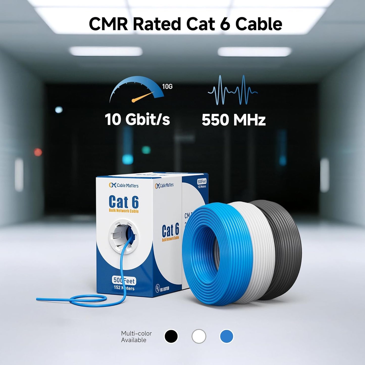 Cable Matters [UL Listed] 10Gbps in-Wall Riser Rated (CMR) 23AWG Bare Copper Cat6 Ethernet Cable - 300ft, Cat 6 Ethernet Cable Spool, Cat 6 Cord Bulk, Black