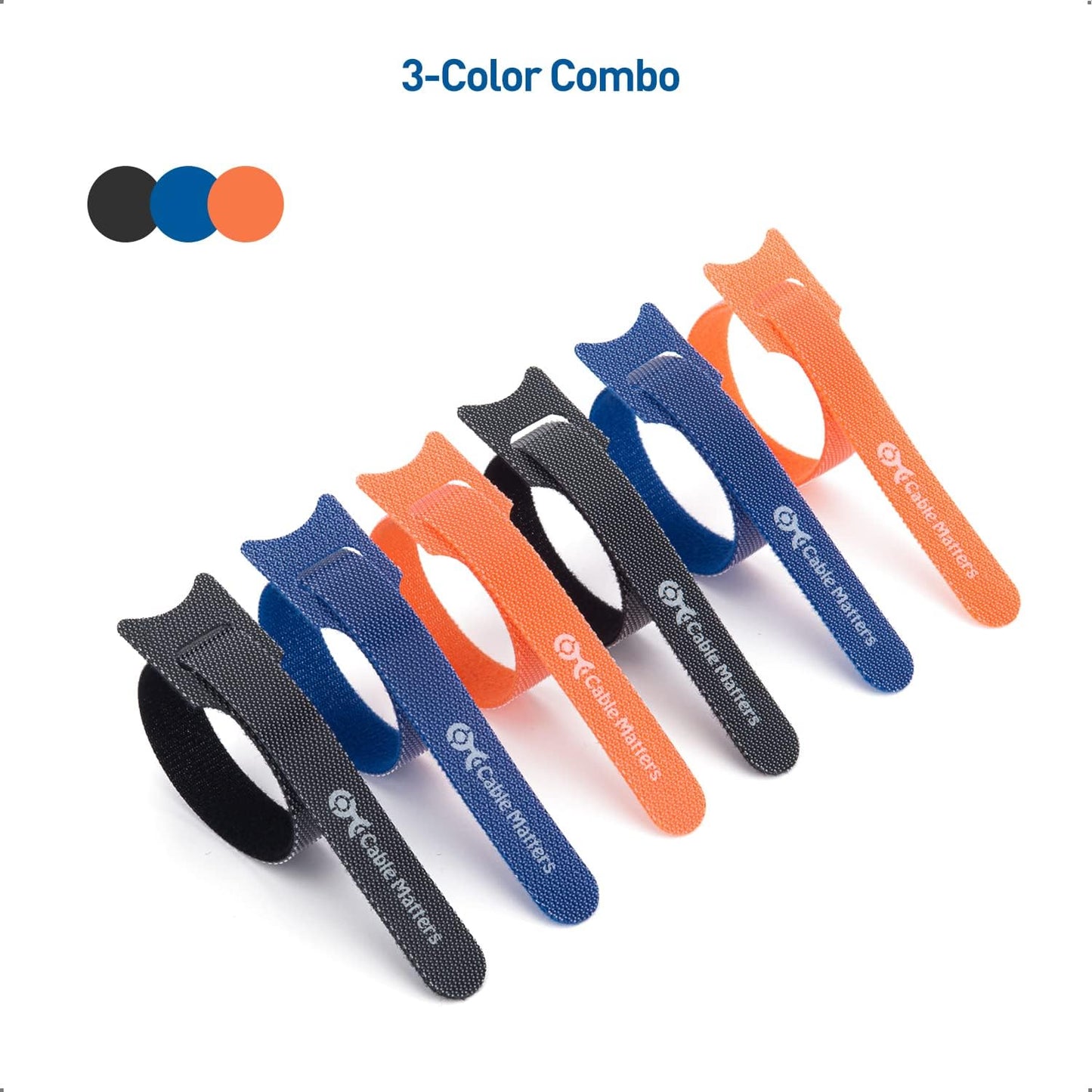 Cable Matters 100-Pack 8-inch Hook-and-Loop Reusable Wire Ties/Cable Ties with 42 lbs Tensile Strength - Multi-Color Black, Blue, and Orange Cord Wrap, ZipTies, Cable Management Straps