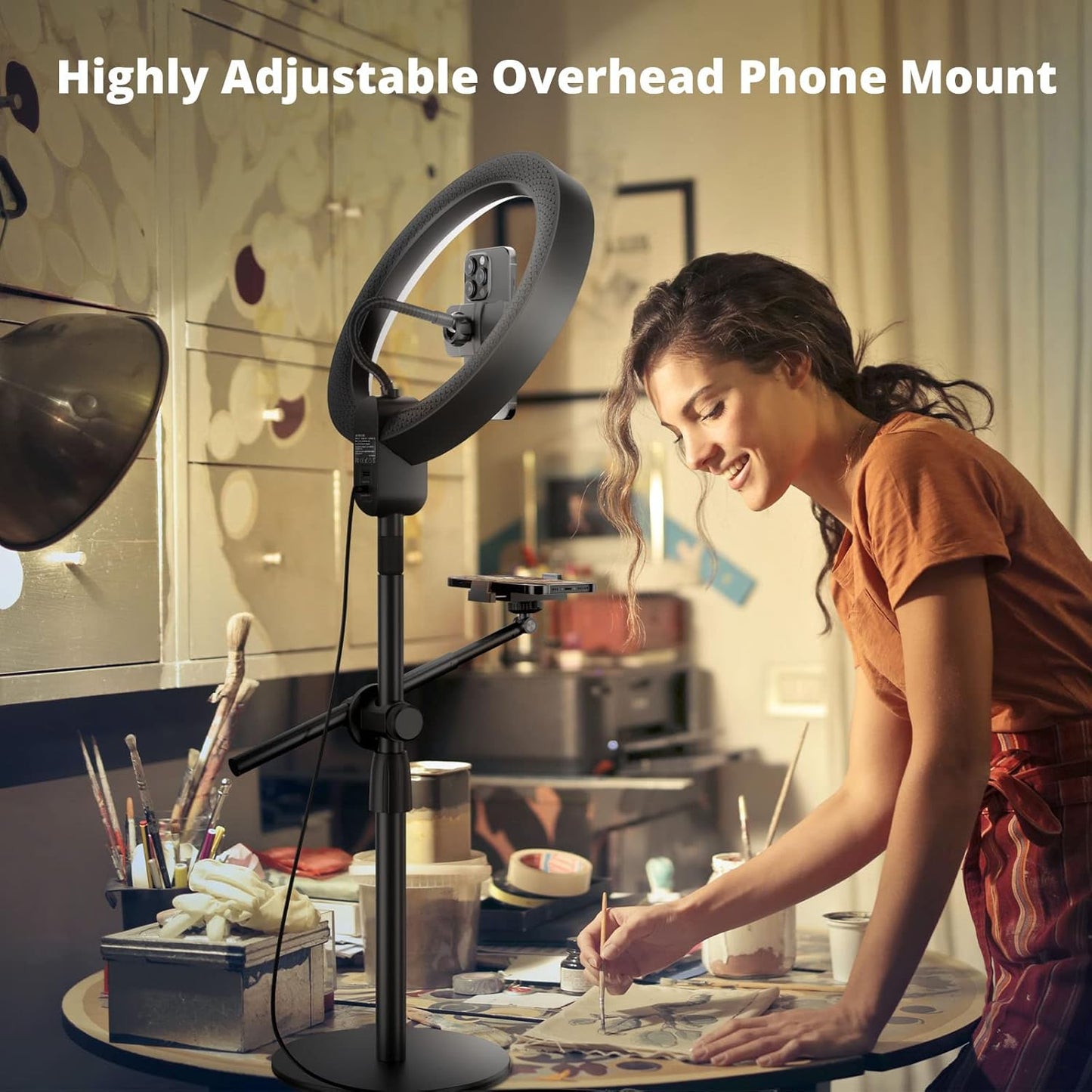 12" Ring Light with Stand and Phone Holder,Overhead Phone Stand,2 Phone Holders,2700-6500K,3 Color Modes,10 Brightness Levels,Remote Control,Adjustable,Live Stream,Tiktok/YouTube