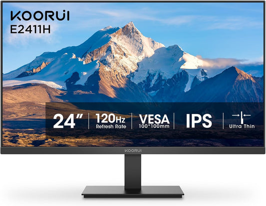 KOORUI 24 inch Monitor 120Hz, Full HD 1920 * 1080p IPS Ultra-Thin Computer Monitor, 99% SRGB Color Gamut, VESA 100 * 100mm Mountable,Tilt Adjustable,HDMI & VGA Ports,Black, E2411H