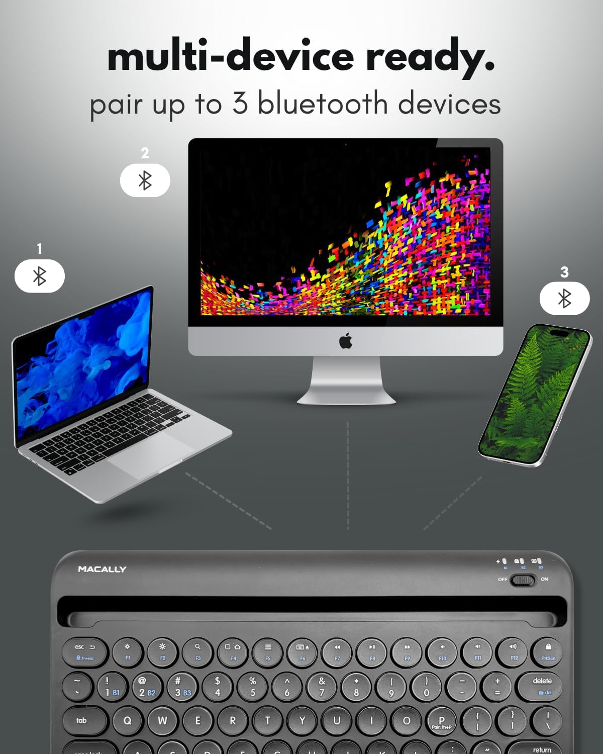 Macally Bluetooth Keyboard for Tablet | Wireless Keyboard for iPad mini/Air/Mini, iPhone (Multi-Device, Built-in Stand, Rechargeable) Easy to Use and Cute Portable