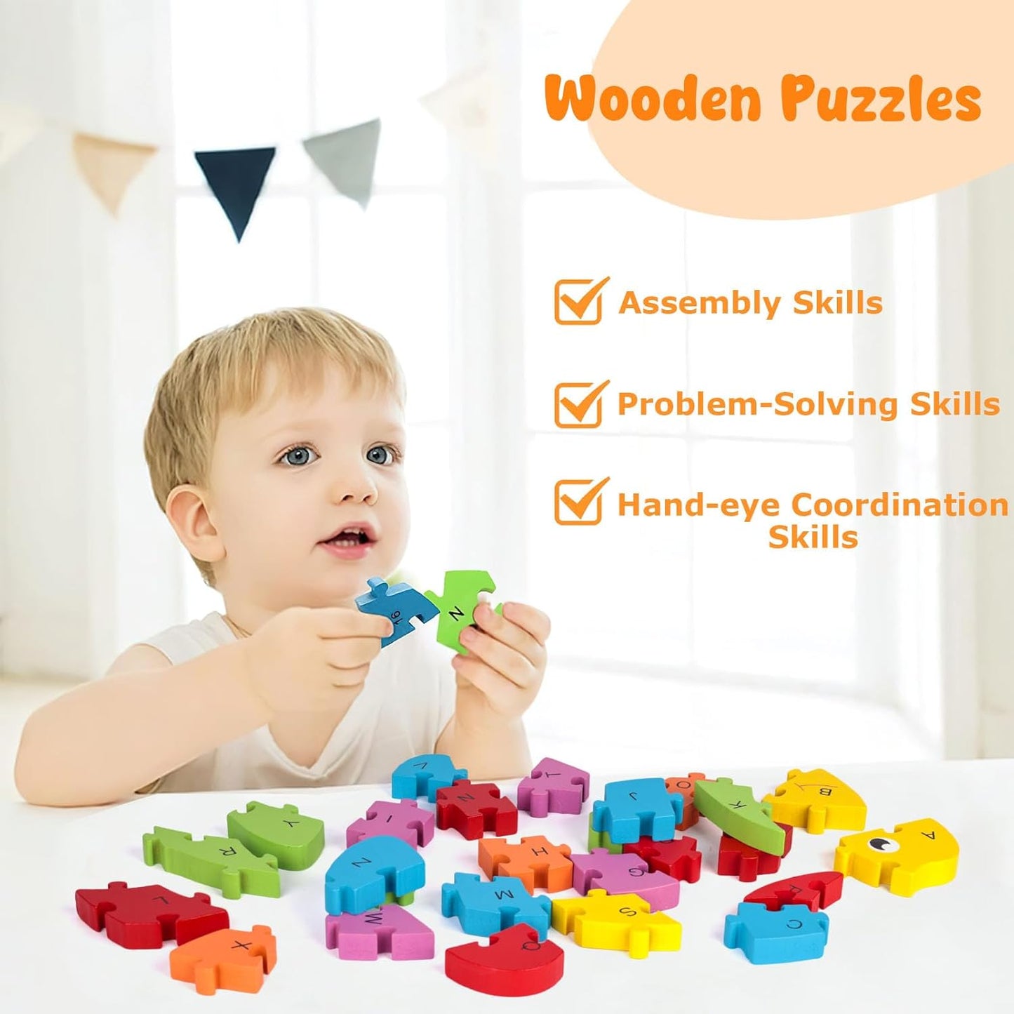 LovesTown Goldfish Wooden Puzzle for Kids, Alphabet and Number Jigsaw Puzzle Montessori Learning Blocks, Educational Preschool Toys for Toddlers, 26 PCS