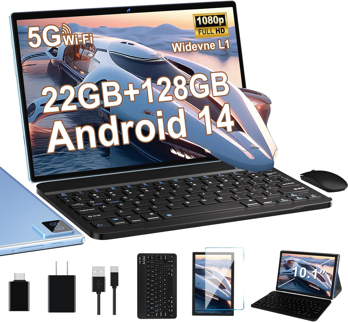 Android Tablet with Keyboard, 10 inch Android 14 Tablets 22GB+128GB, Octa-Core CPU, 8000mAh, HD IPS Display, 5G WiFi, BT 5.0, GPS, Widevine L1, 1TB Expandable, Mouse, Split Screen, Metal Body -Blue