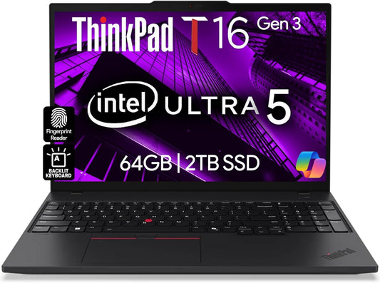 Lenovo ThinkPad T16 Gen 3 Business Laptop 16” FHD+ Display, Intel Ultra 5-125U (Beats i7-1355U), 64GB DDR5 RAM, 2TB SSD, 5MB Webcam, WiFi 6E + BT, RJ-45, HDMI, Win 11 Pro, 3 Yr Wty, AI Copilot, Black