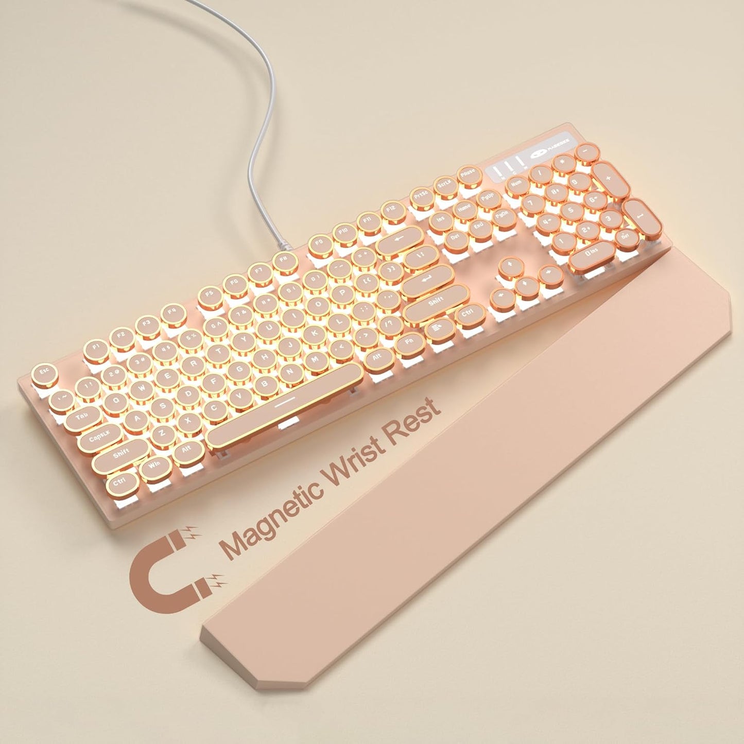 MageGee Typewriter Mechanical Gaming Keyboard, Retro Punk Creamy Round Keycaps, 104 Keys LED White Backlit Wired Keyboards for Laptop MAC PC Gamer, with Magnetic Wrist Rest, Blue Switch