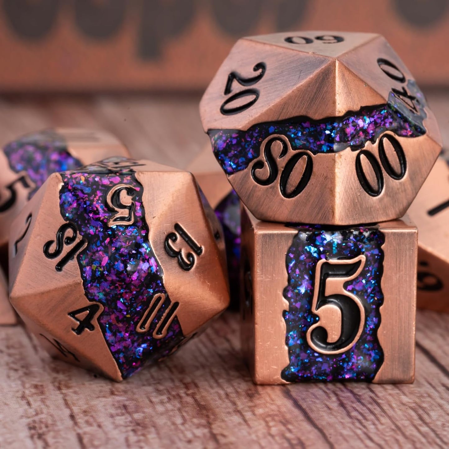 Polyhedral Metal Dice DND,RPG Purple Glitter Stripe Dice Set,Antique Copper Metal Dice Set for Role Playing Games