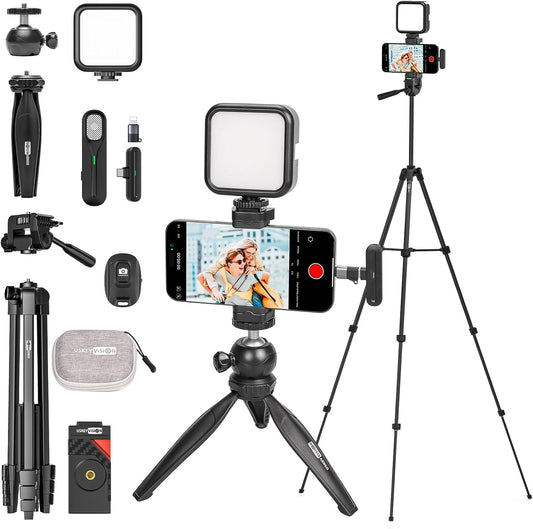Upgraded Vlogging Kit w/Wireless Lavalier Microphone,YouTube Kit for iPhone and Smartphone w/59” Retractable Tripod,Automatic Switch Phone Clamp,Content Creator Gear for TikTok(Vlog K5)