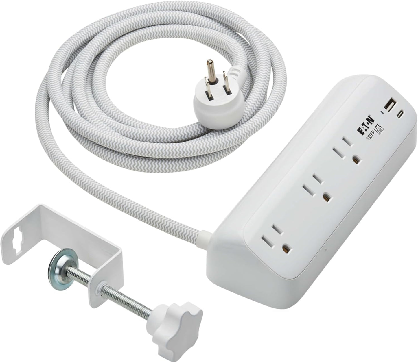 Eaton Tripp Lite Series Desk Clamp Power Strip Surge Protector, 3-Outlets, USB-A & USB-C Charging Ports, 900 Joules, 8ft Braided Flat Extension Cord, Lifetime Manufacturer's Warranty (TLP308U20CLAMP)