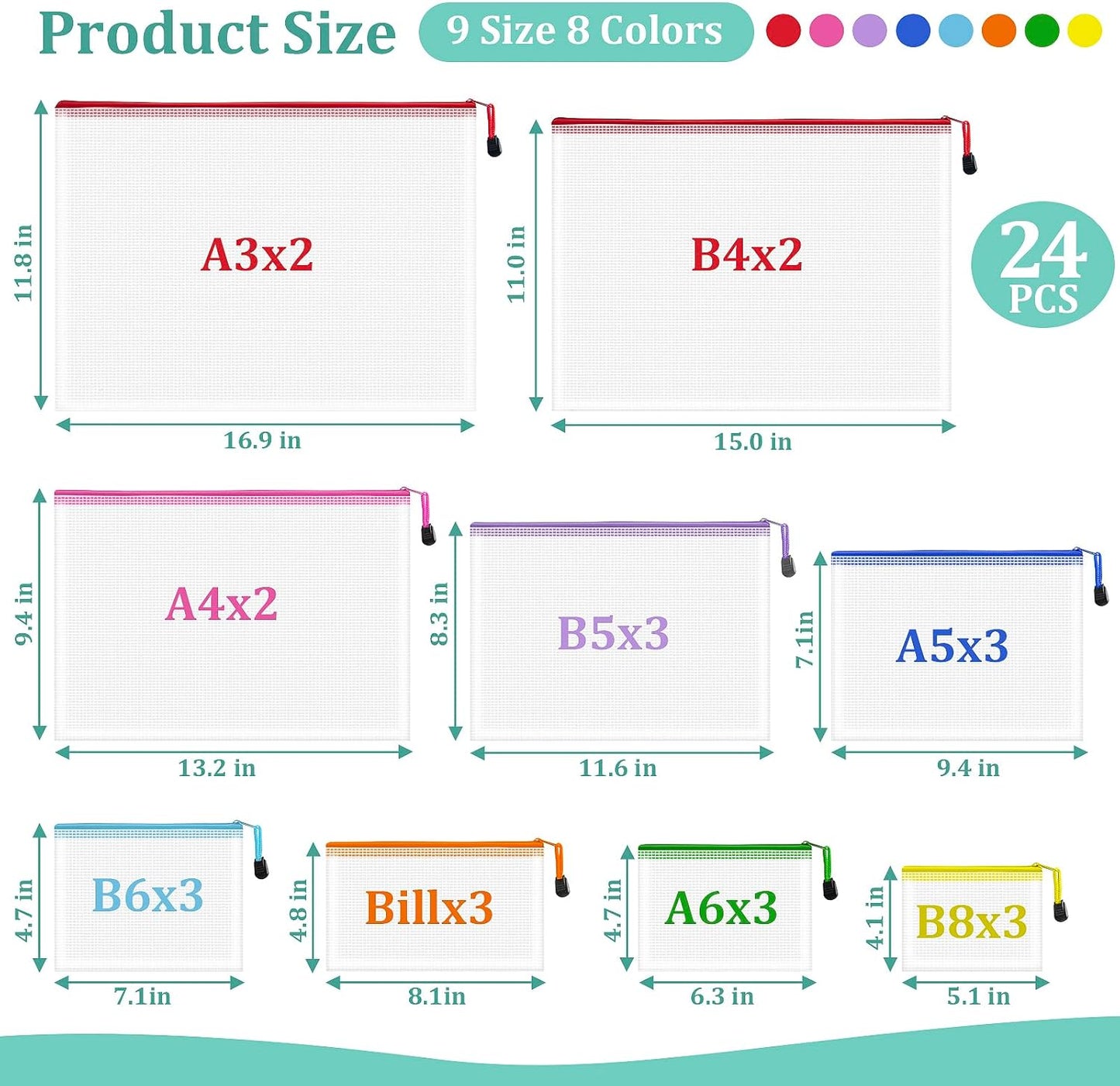 24pcs Mesh Waterproof Pouch Bags, 9 Sizes Clear Pouches, Organizer Bags With Zipper, 8 Colors for Travel & Toy Storage
