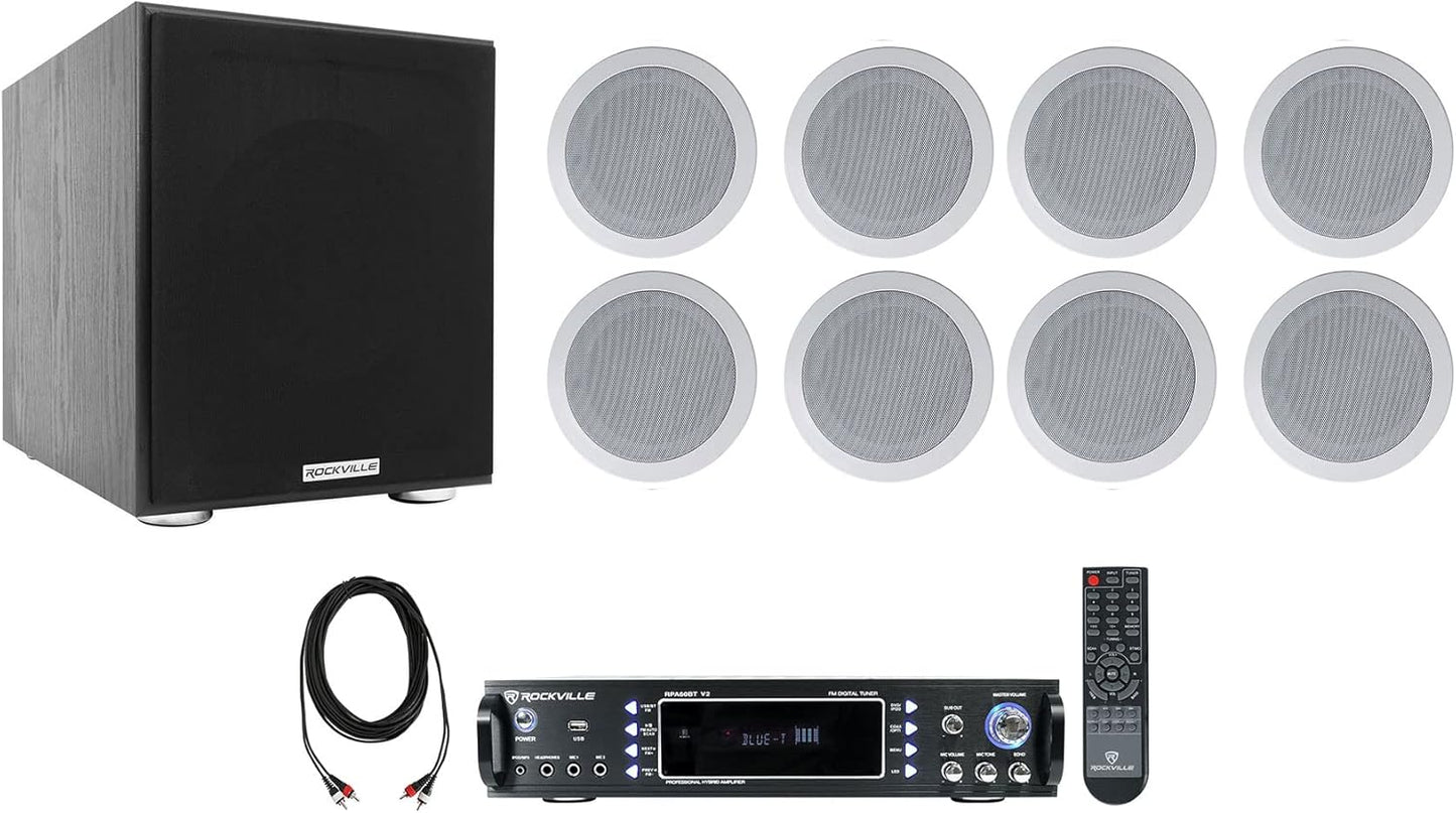 Rockville RPA60BT Home Theater Receiver Amp+(8) 5.25" White Ceiling Speakers+Sub