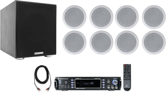 Rockville RPA60BT Home Theater Receiver Amp+(8) 5.25" White Ceiling Speakers+Sub