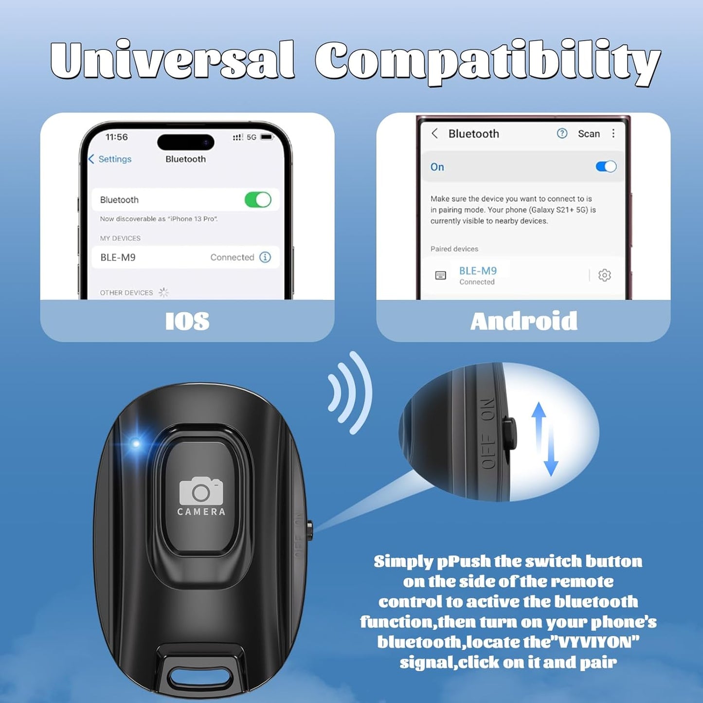 MAIRAN Rechargeable Wireless Camera Remote Shutter for iPhone and Android Smartphones, Bluetooth Phone Remote Control,Selfie Button for Photos and Videos Charging Cable and Wrist Strap Included-Black