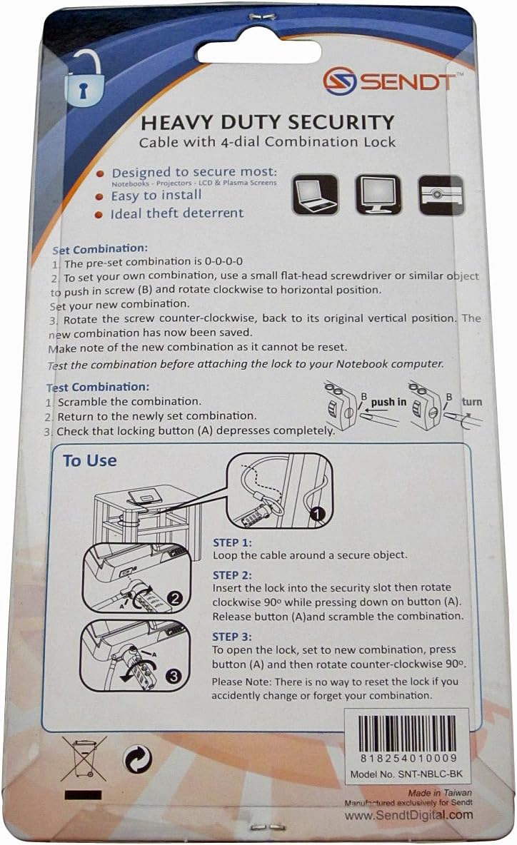 Sendt Black Notebook/Laptop Combination Lock Security Cable