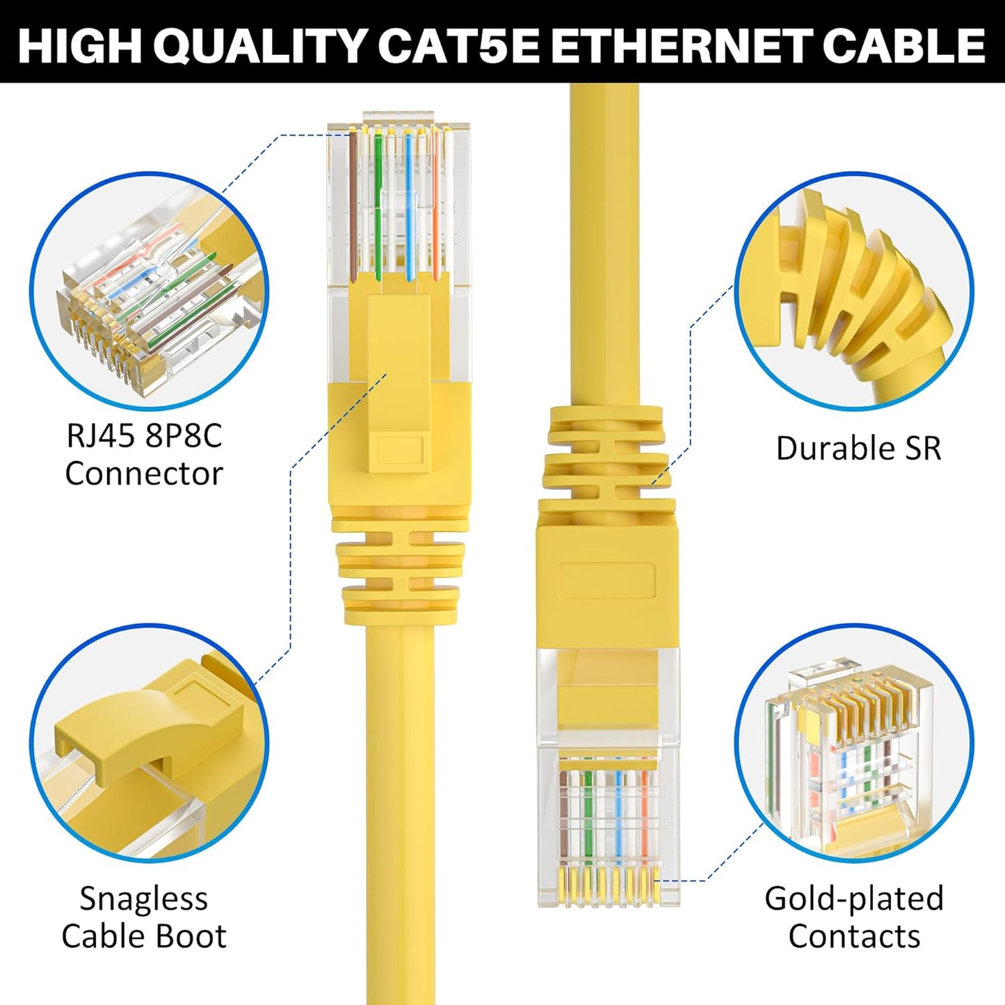 Cat5e Ethernet Cable 300 FT, Long Cat 5e Internet Cable, Yellow Snagless Patch Cord, Flexible, Network, LAN, PoE, Standard RJ45 Connector for PC, Server, Router, Modem, TV, PS5 - with 15 Cable Ties