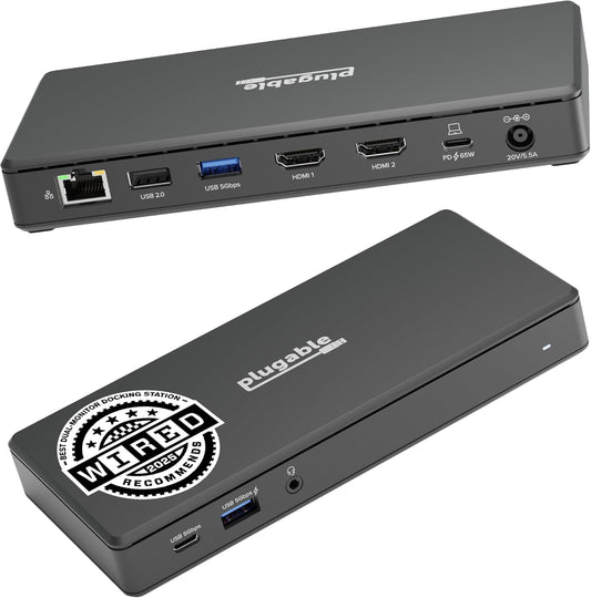 Plugable USB-C Docking Station Dual 4K 60Hz HDMI, 65W Charging, Gigabit Ethernet, 1x USB-C 5Gbps, 3X USB-A, Audio, Windows/ChromeOS, USB-C/USB4/Thunderbolt, Driverless (UD-MSTH2)