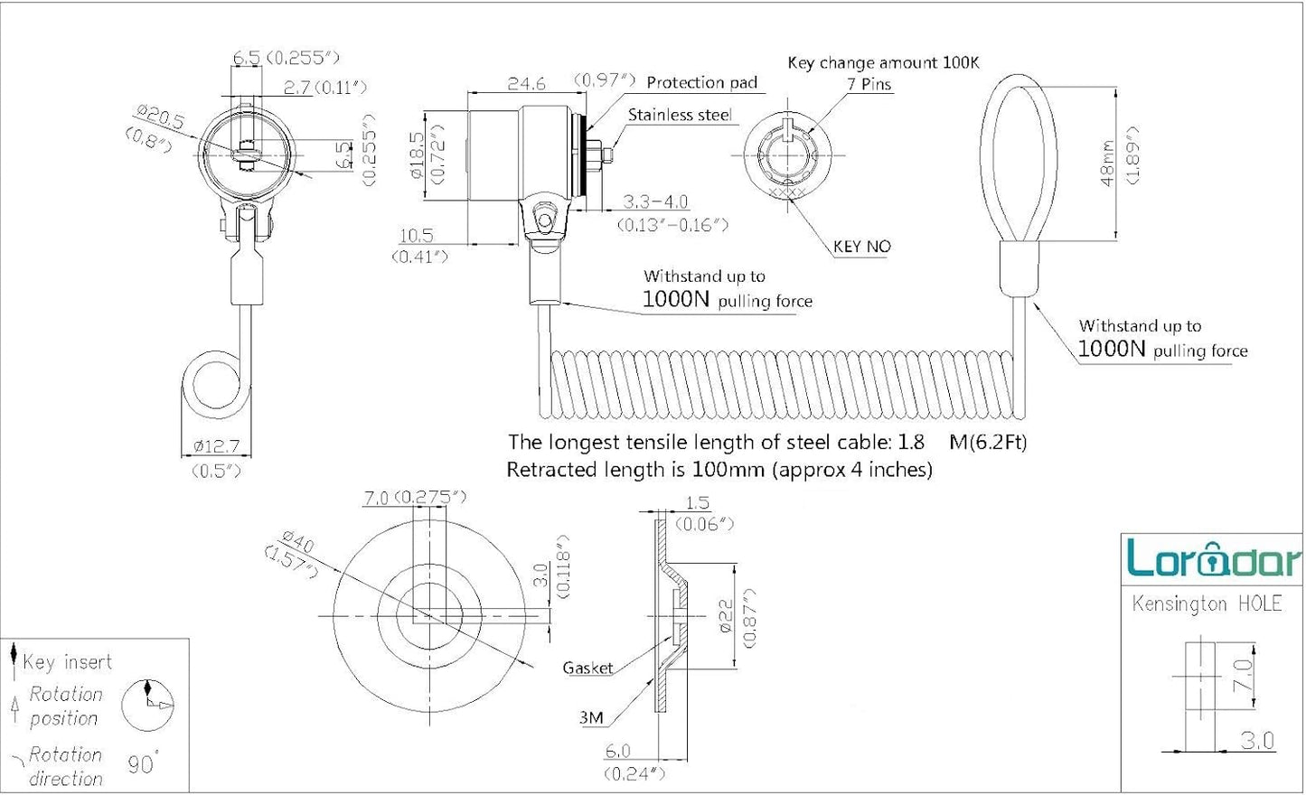 5Pack Single Package keyed Alike Security Hardware Cable Lock Kit Laptop Lock 5Keys 6.2Ft for Monitors, Laptops, MacBooks, Tablets, iPad,Mac mini (5PCS keyed Alike)