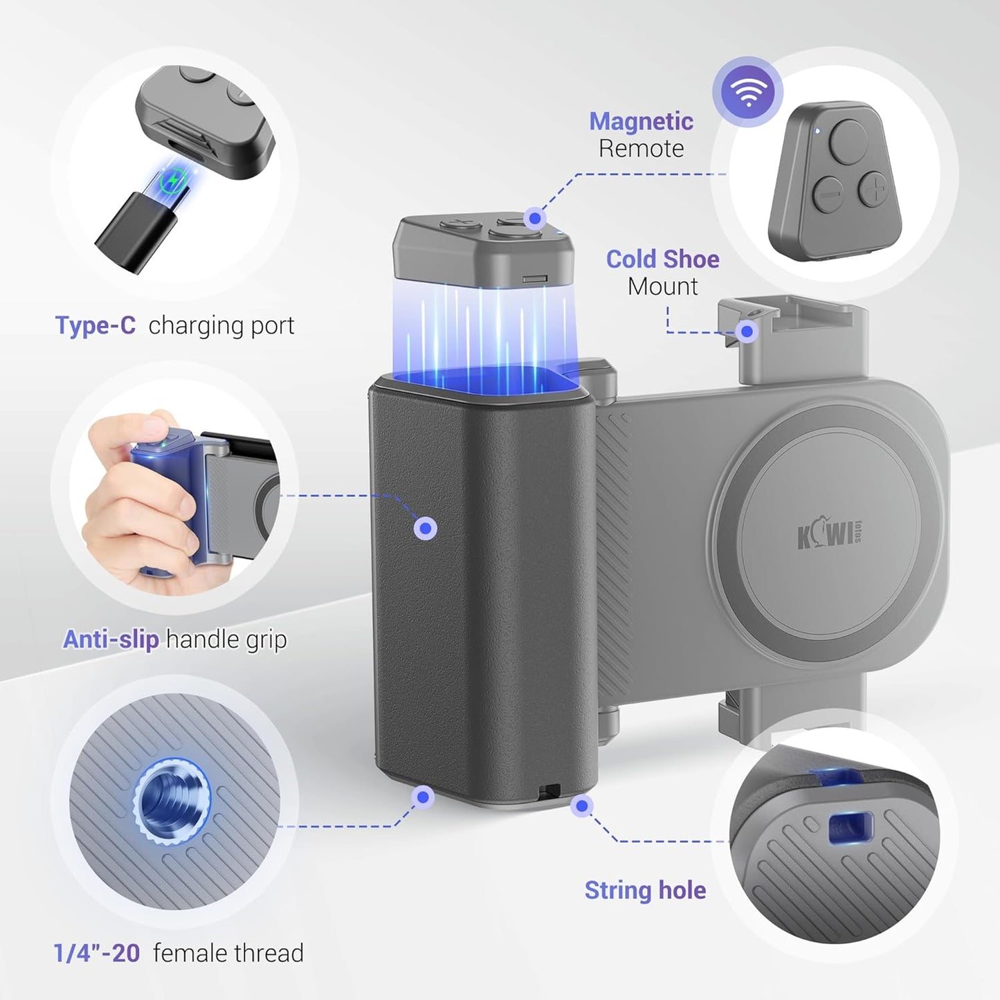 KIWIFOTOS Universal Phone Camera Grip Phone Tripod Mount with Remote Control & Cold Shoe Adapter for iPhone 16 15 Pro Max Samsung S24 S23 S25 Camera Holder Selfie Vlog Video Shooting (Gray)