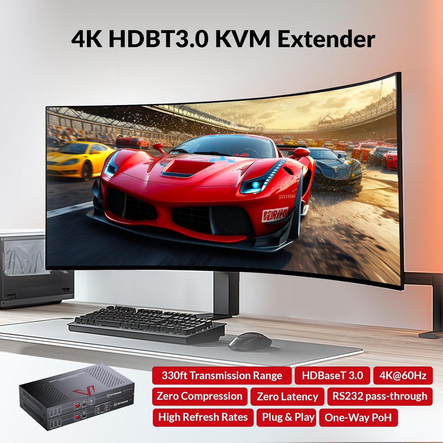 AV Access HDBaseT 3.0 HDMI KVM Extender, Uncompressed 5K@60H 4K@120Hz up to 100m/330ft, 144/165/240Hz Refresh Rate, Zero Latency (4KEX100-KVM-Pro)