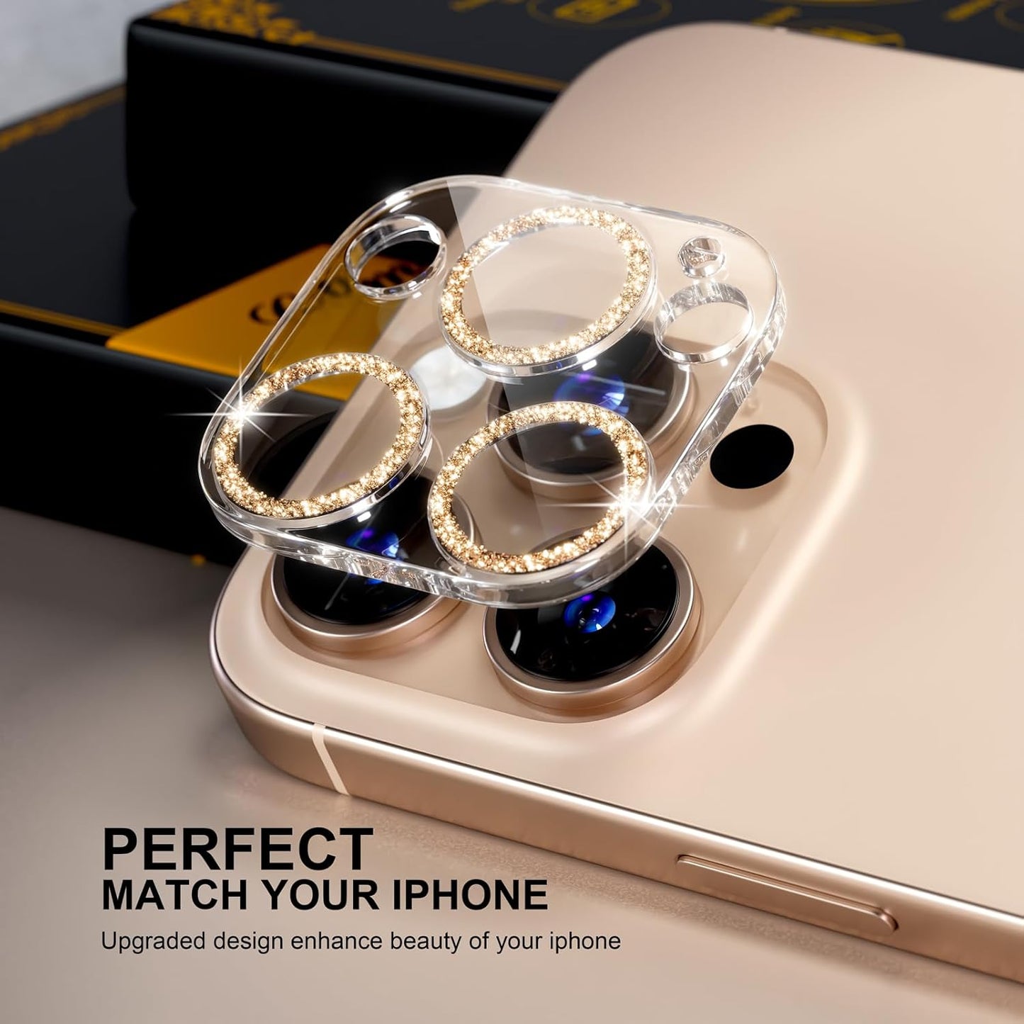 beuxece for 6 Pack iPhone 15 Pro/iPhone 15 Pro Max Camera Lens Protector [Drop Protection] [Case Friendly] [Easy Installation] 9H Tempered Glass Camera Screen Protector Cover, Glitter Gold