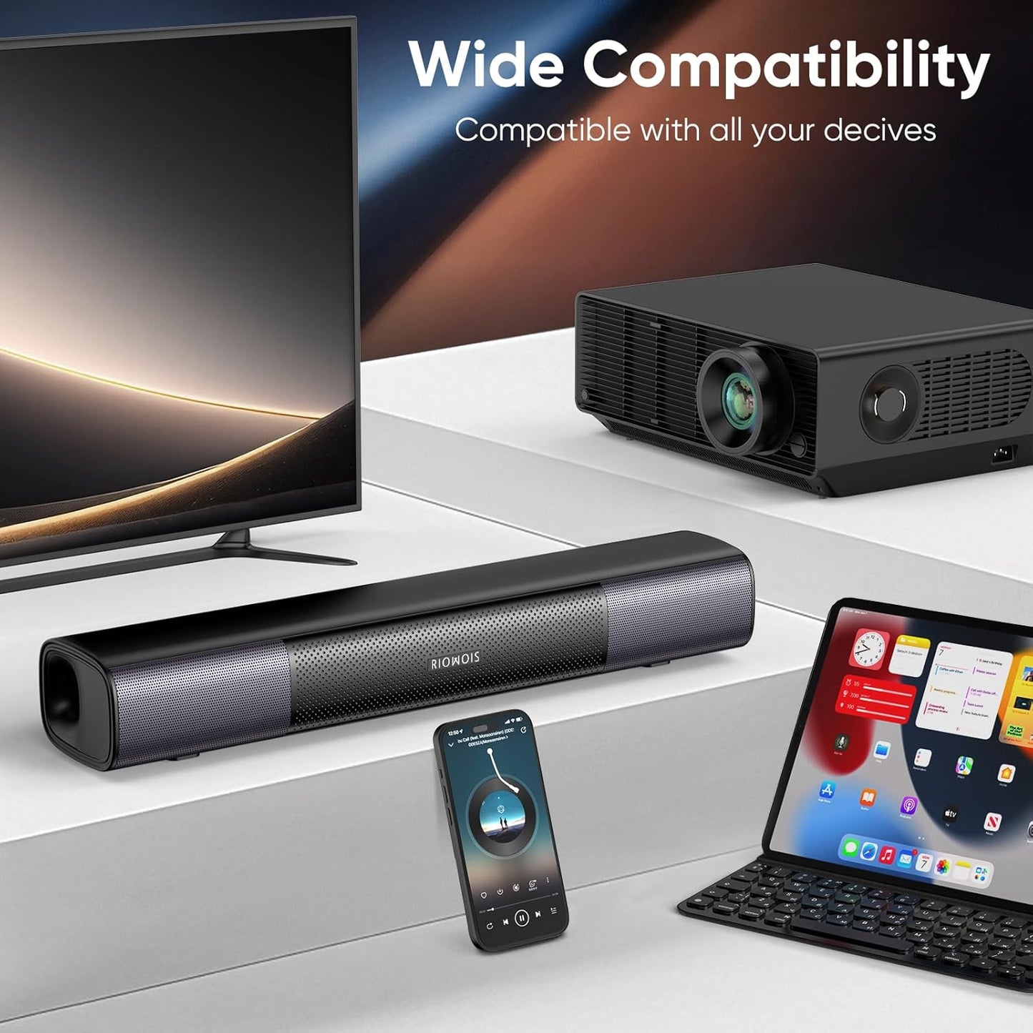 Sound Bar for Smart TV, Bass Boost and Crisp Vocals,Bluetooth Soundbar for TV/PC/Gaming/Projectors,Optical/AUX/Wall Mount,17inch