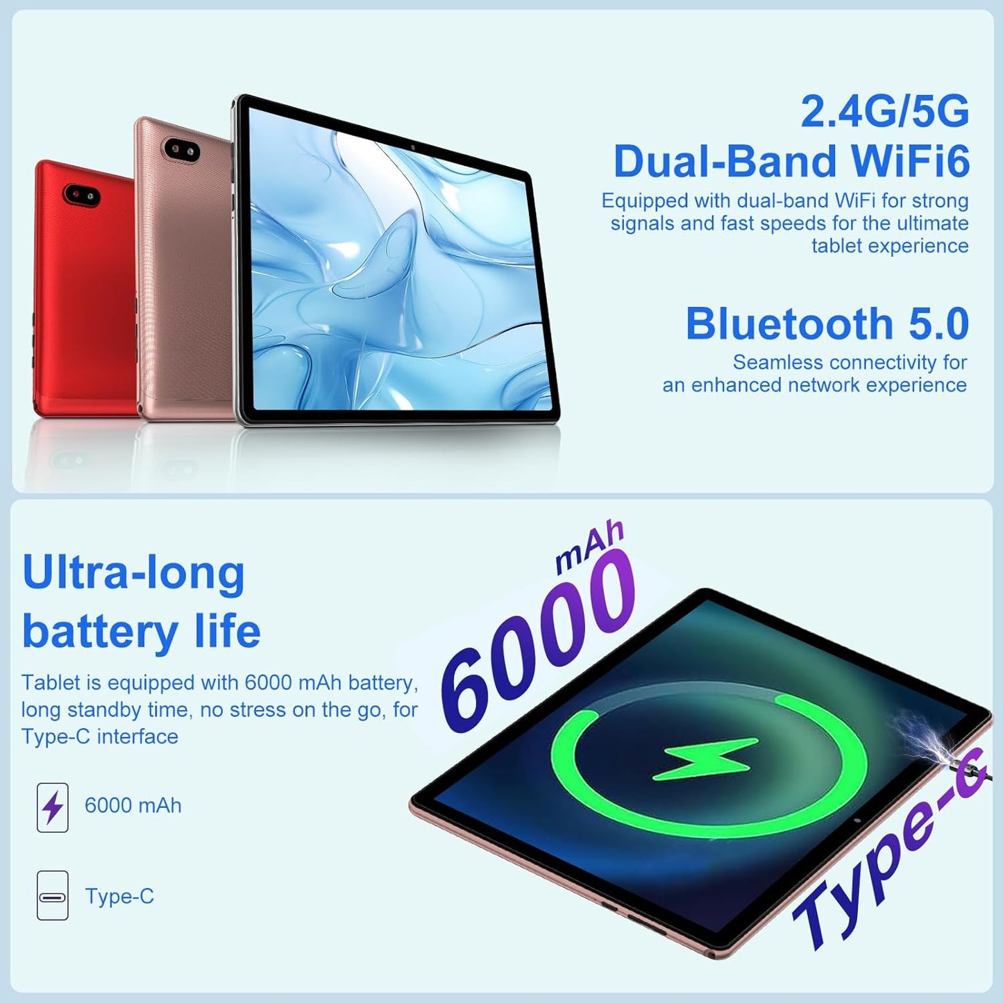 Android 14 Tablet 10 Inch Tablets, 20GB+128GB/1TB Expandable, Tablets with Octa-Core, WiFi 6, Dual Camera, BT 5.0, 6000mAh Battery, HD IPS Display, Widevine L1, Tablet with Keyboard Mouse - Rose Gold