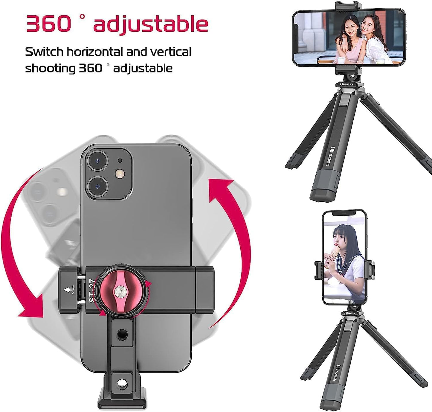 ULANZI ST-27 Phone Tripod Mount, 360° Metal Phone Holder for Tripod w 3 Cold Shoes & Arca Port, Versatile Smartphone Adapter for iPhone 17 16, Desktop Tripods, and Live Streaming/Vlogging Setup