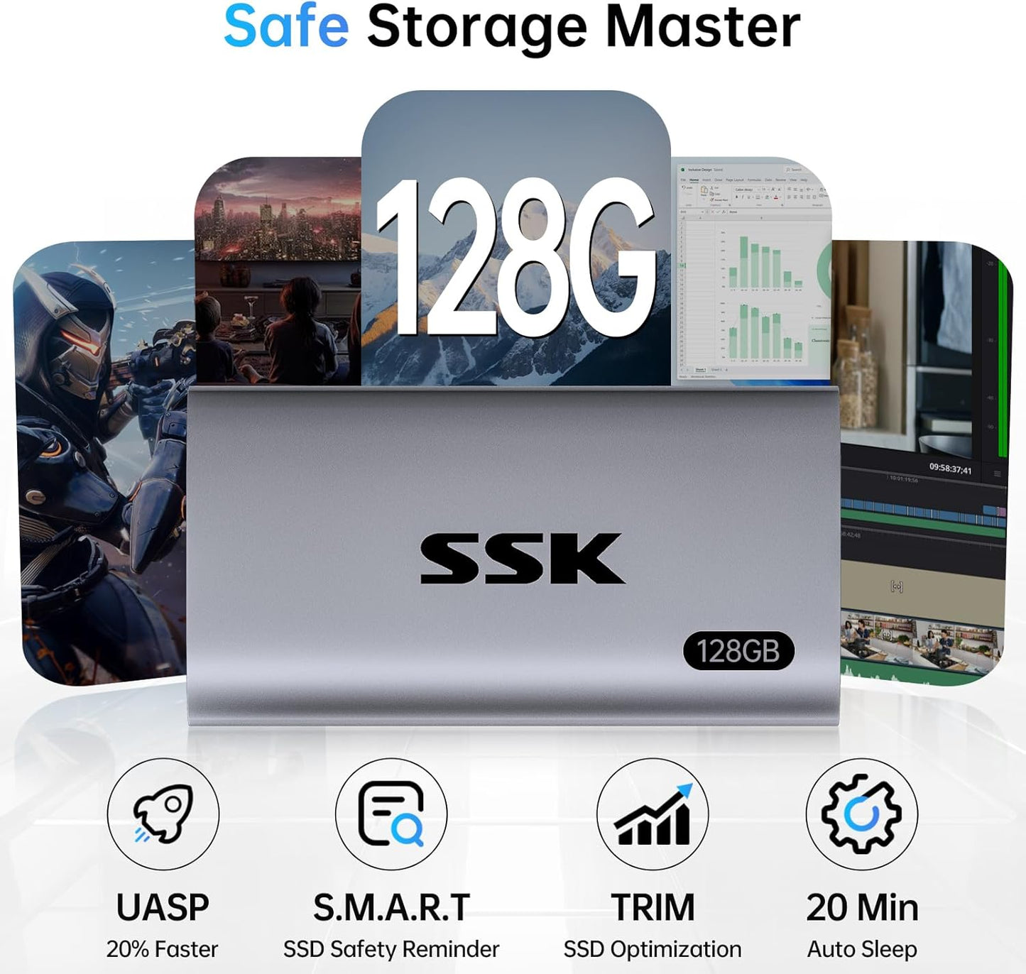 SSK 128GB SSD External Hard Drive, Portable SSD Up to 550MB/s Fast Solid State Drives, External Drive USB 3.2 Gen2 for iPhone 15/Pro, Windows, Mac, Android with LED Light, Trim, Smart Supported