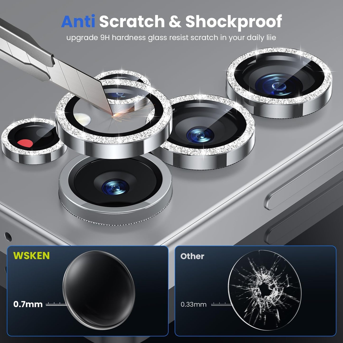 WSKEN for Samsung Galaxy S25 Ultra Camera Lens Protector - Ultra Thin Case Friendly, 9H Shatterproof Tempered Glass with Aluminum Metal Circle Camera Screen Protector Cover Accessories, Glitter