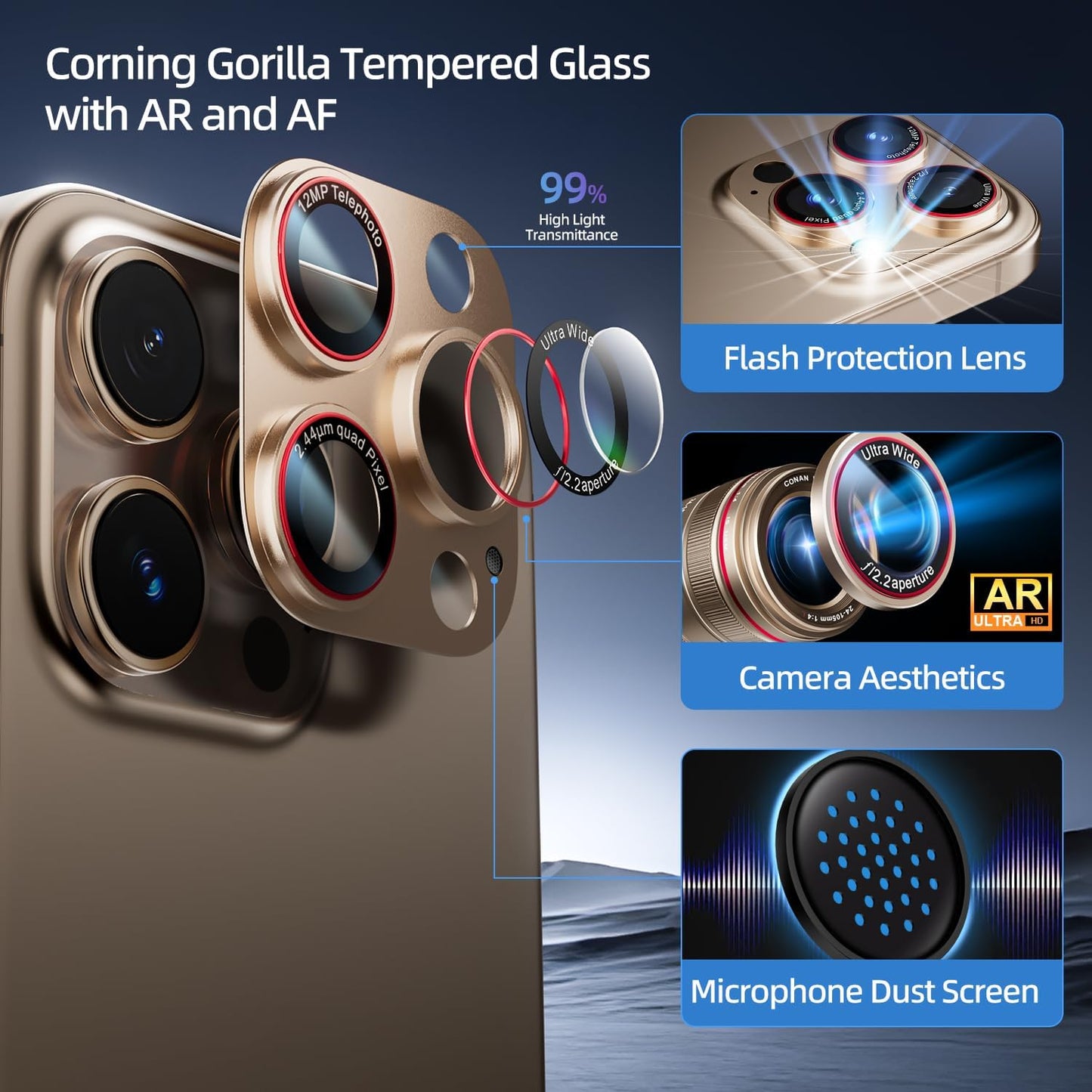Camera Lens Protector for iPhone 16 Pro Max/iPhone 16 Pro/iPhone 15 Pro Max/iPhone 15 Pro/iPhone 14 Pro Max/14 Pro , [Military Grade Shatterproof][Full Coverage Metal] [Strong Adsorption] 9H Metal Tempered Glass Camera Screen Cover, [Case-Friendly], Gold