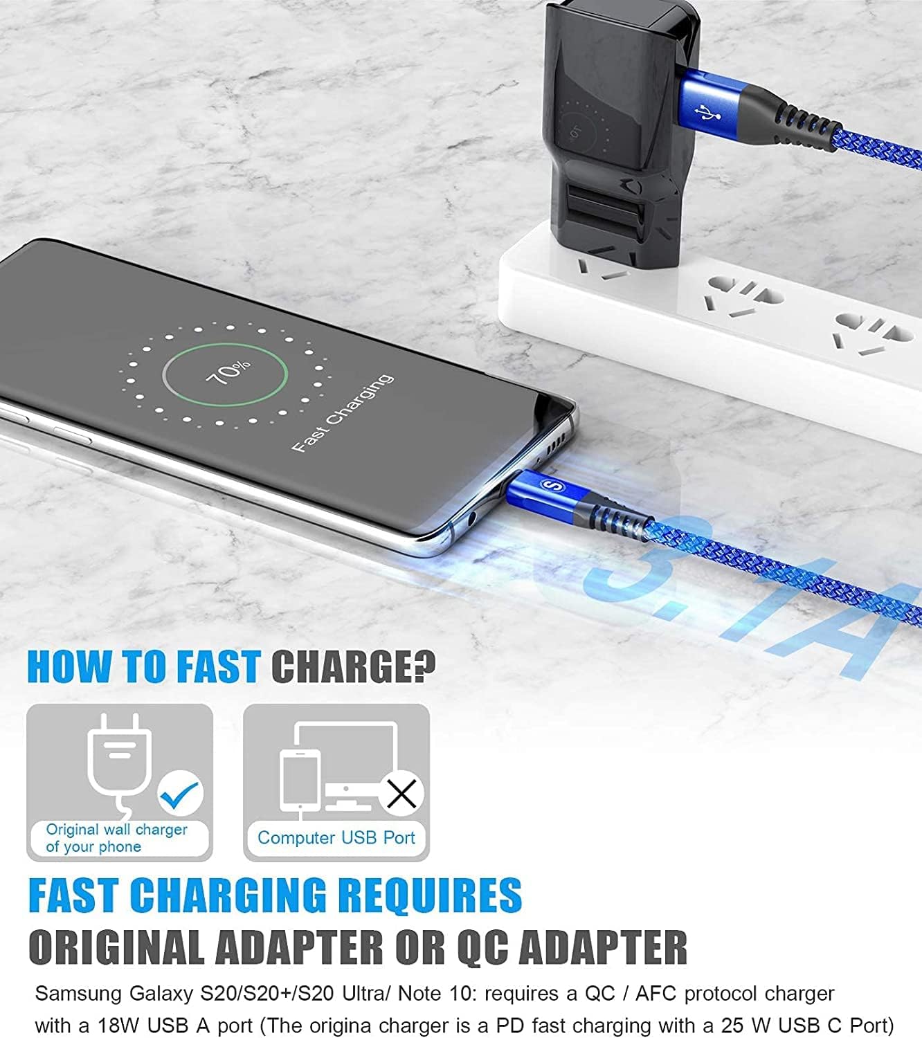 sweguard USB Type C Charger Cable [3-Pack,10ft+6.6ft+3.3ft] iPhone 15 Charger Nylon Braided Cord for iPhone 15 Pro Max Samsung Galaxy S23 S22 S21 S20 S10 Note 20 10 Flip A53 A54 Pixel LG Moto PS5-Blue